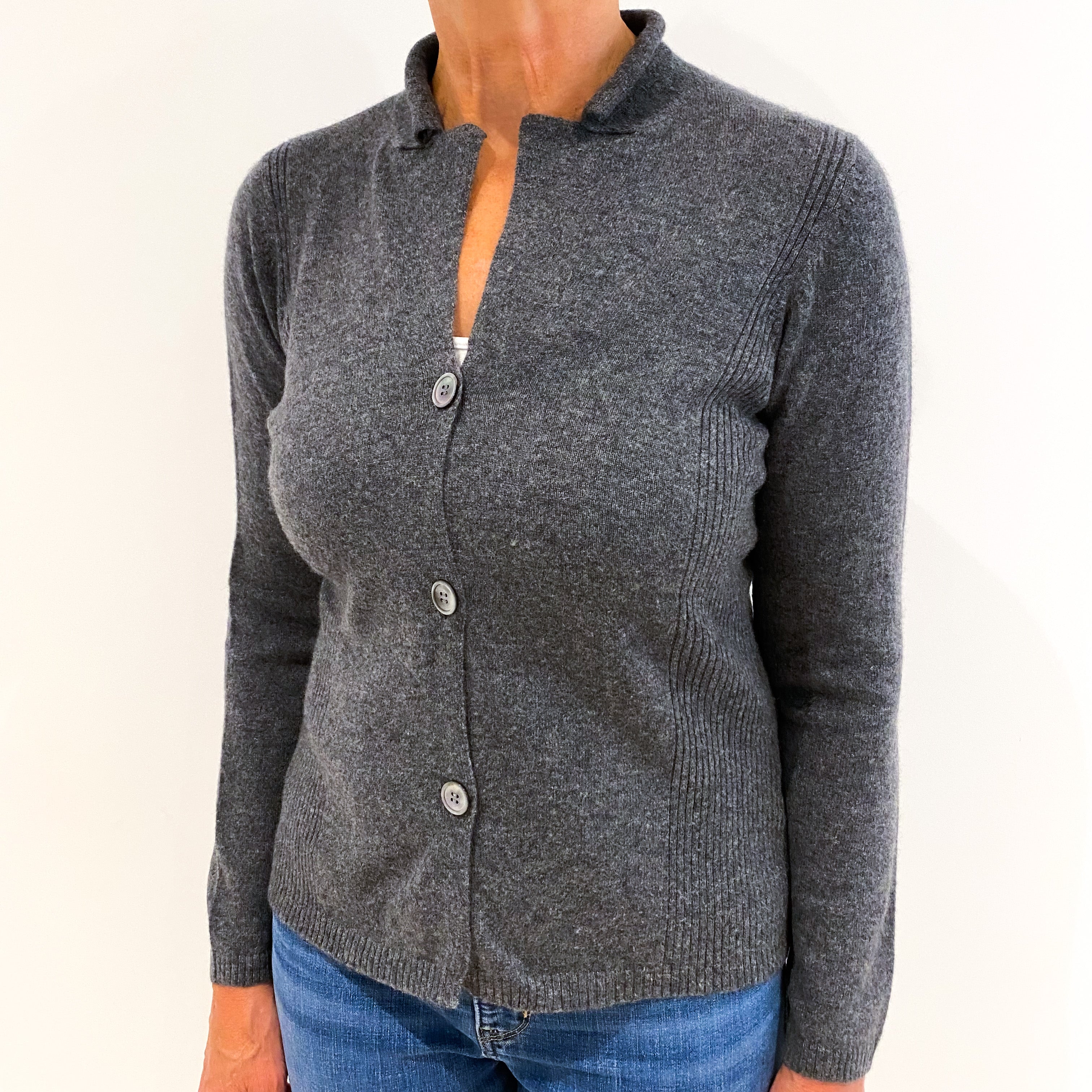 Slate Grey Collared Cashmere Deep V-Neck Cardigan Medium