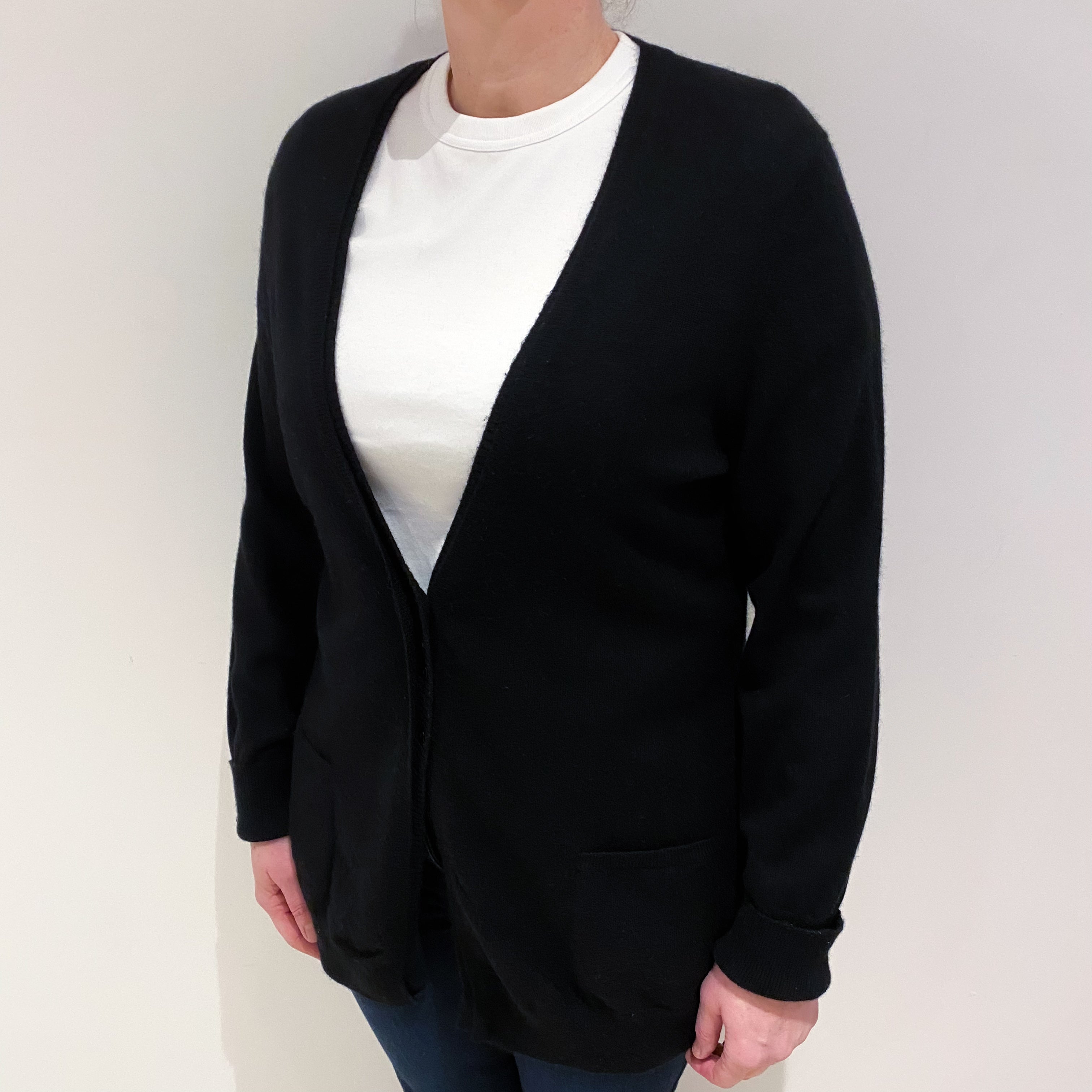 Black Cashmere Low V Neck Cardigan with Pockets Large