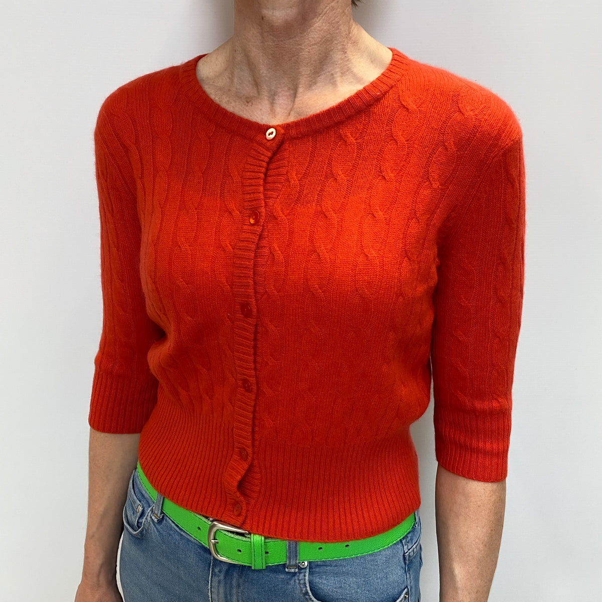 Tangerine Orange Cashmere Crew Neck Cardigan Small