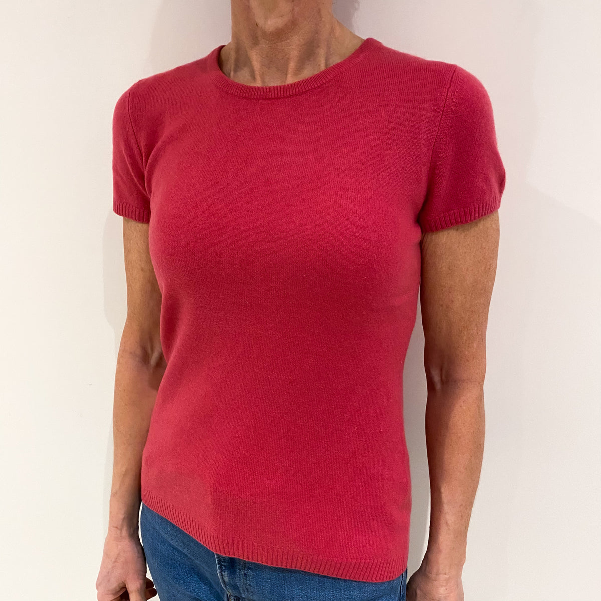Raspberry Pink Cashmere Short Sleeved Crew Neck Jumper Small