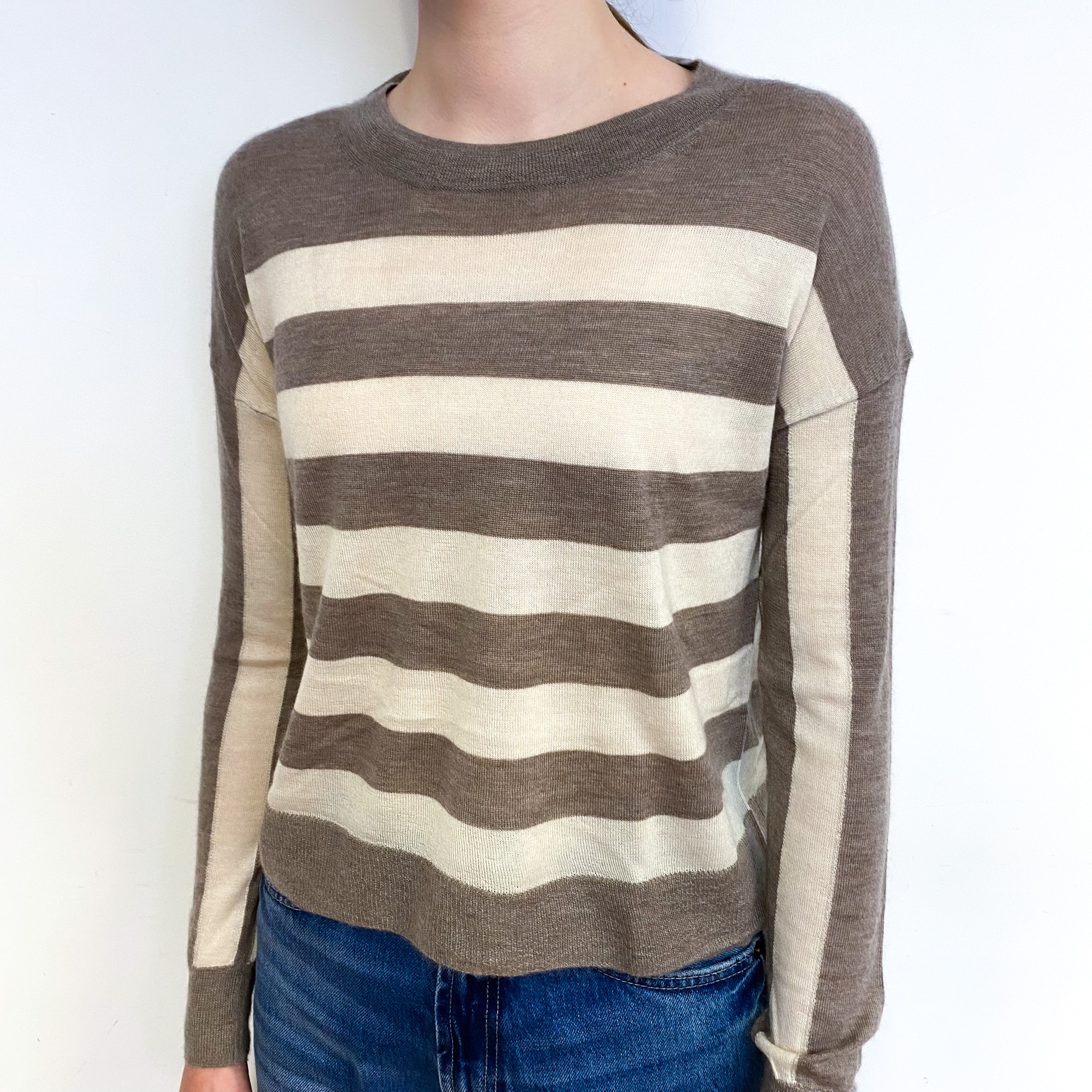 Mocha Stripe Fine Knit Cashmere Crew Neck Jumper Extra Small