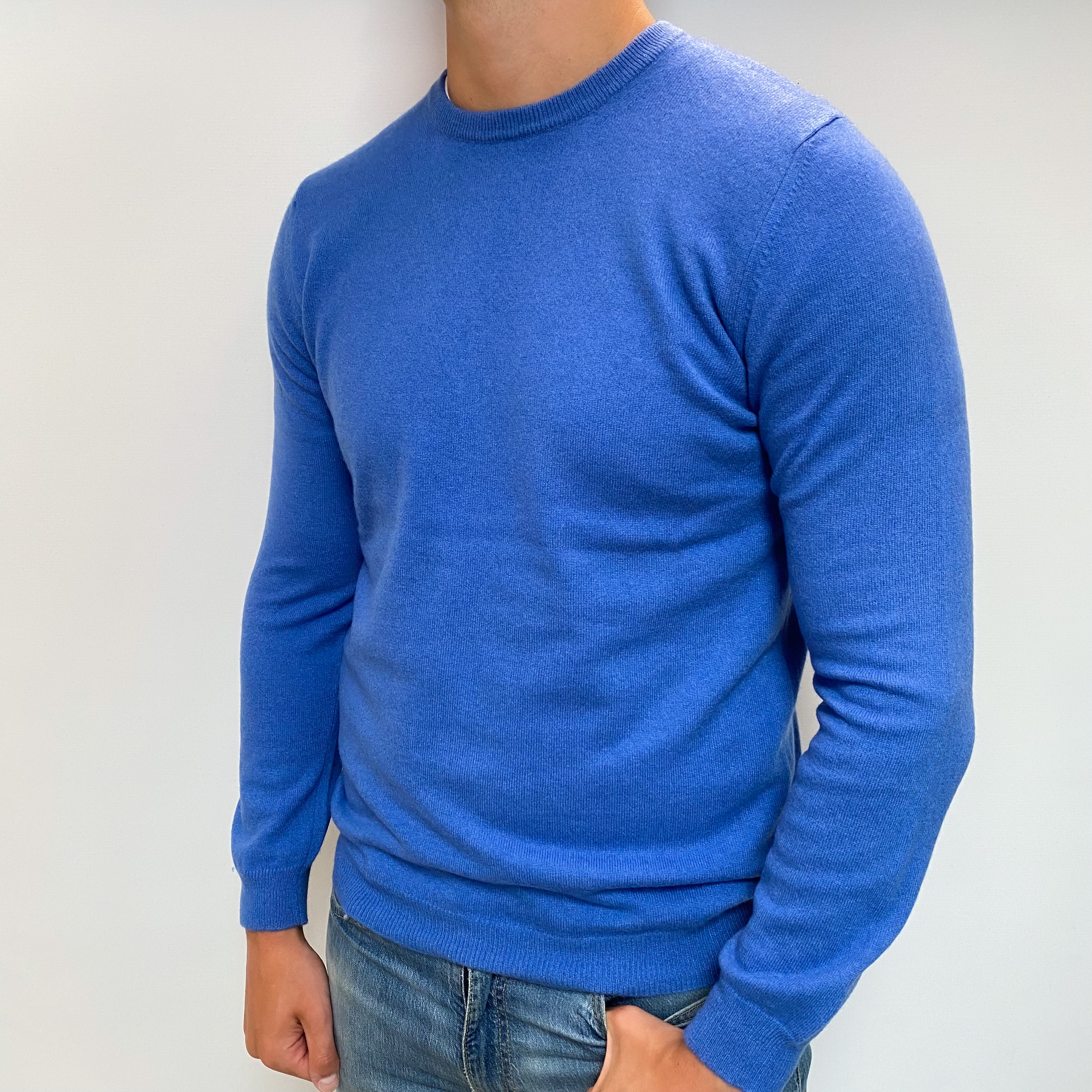 Men's Cornflower Blue Cashmere Crew Neck Jumper XL