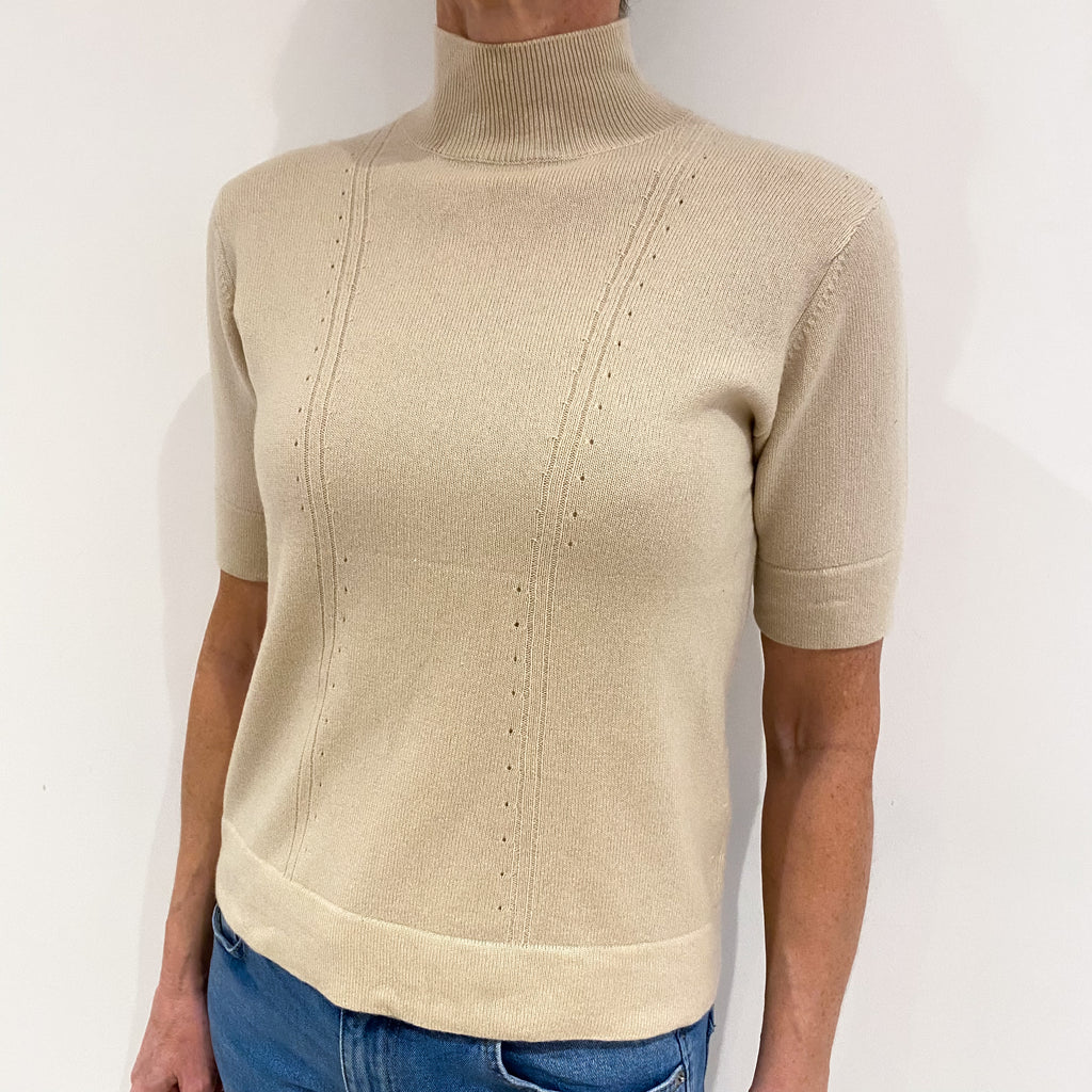 Beige Cashmere Short Sleeve Turtle Neck Jumper Small