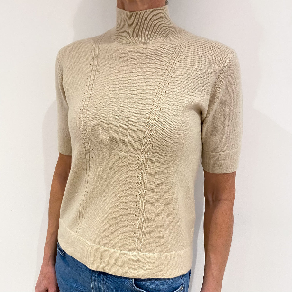 Beige Cashmere Short Sleeve Turtle Neck Jumper Small