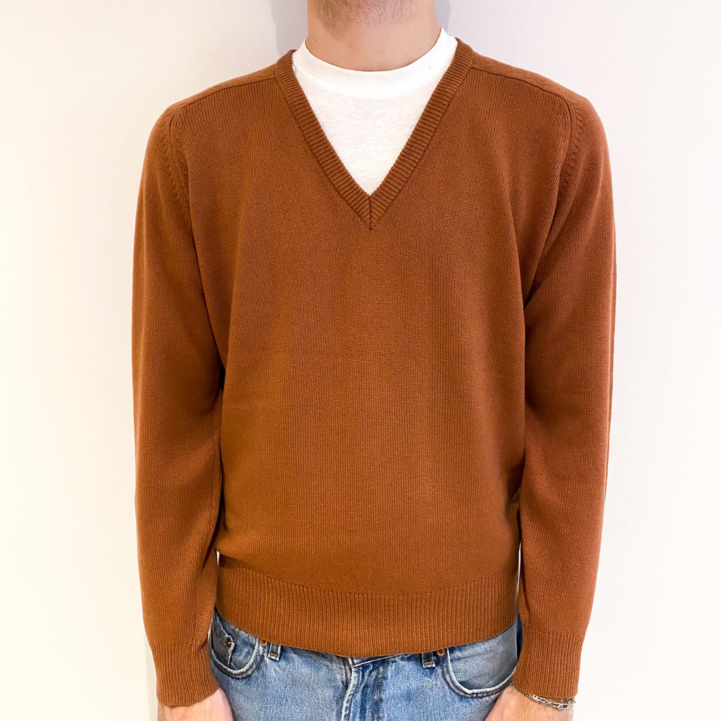 Men's Vintage Golf Terracotta Brown Cashmere V Neck Jumper Medium