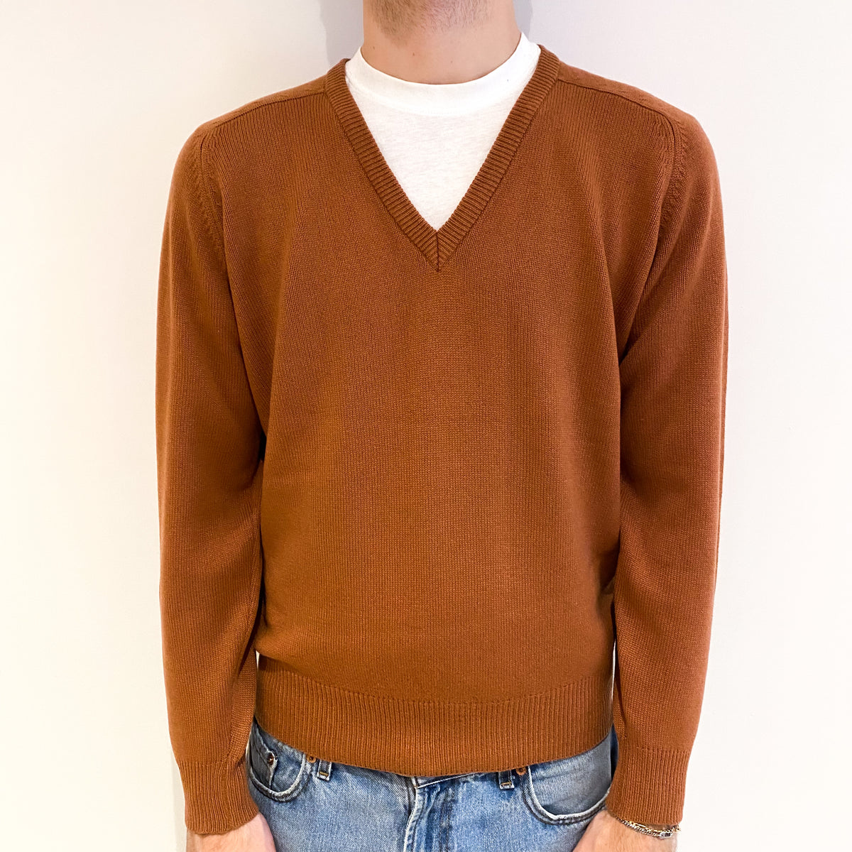 Men's Vintage Golf Terracotta Brown Cashmere V Neck Jumper Medium
