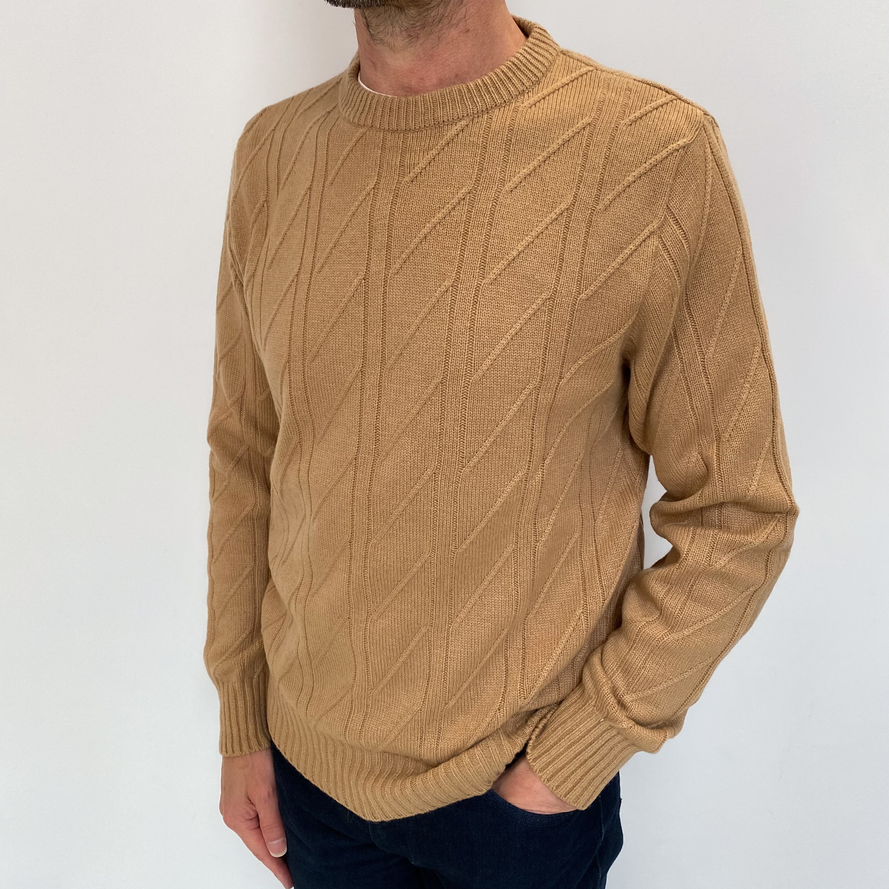 Men's Vintage Camel Brown Cashmere Crew Neck Jumper Small