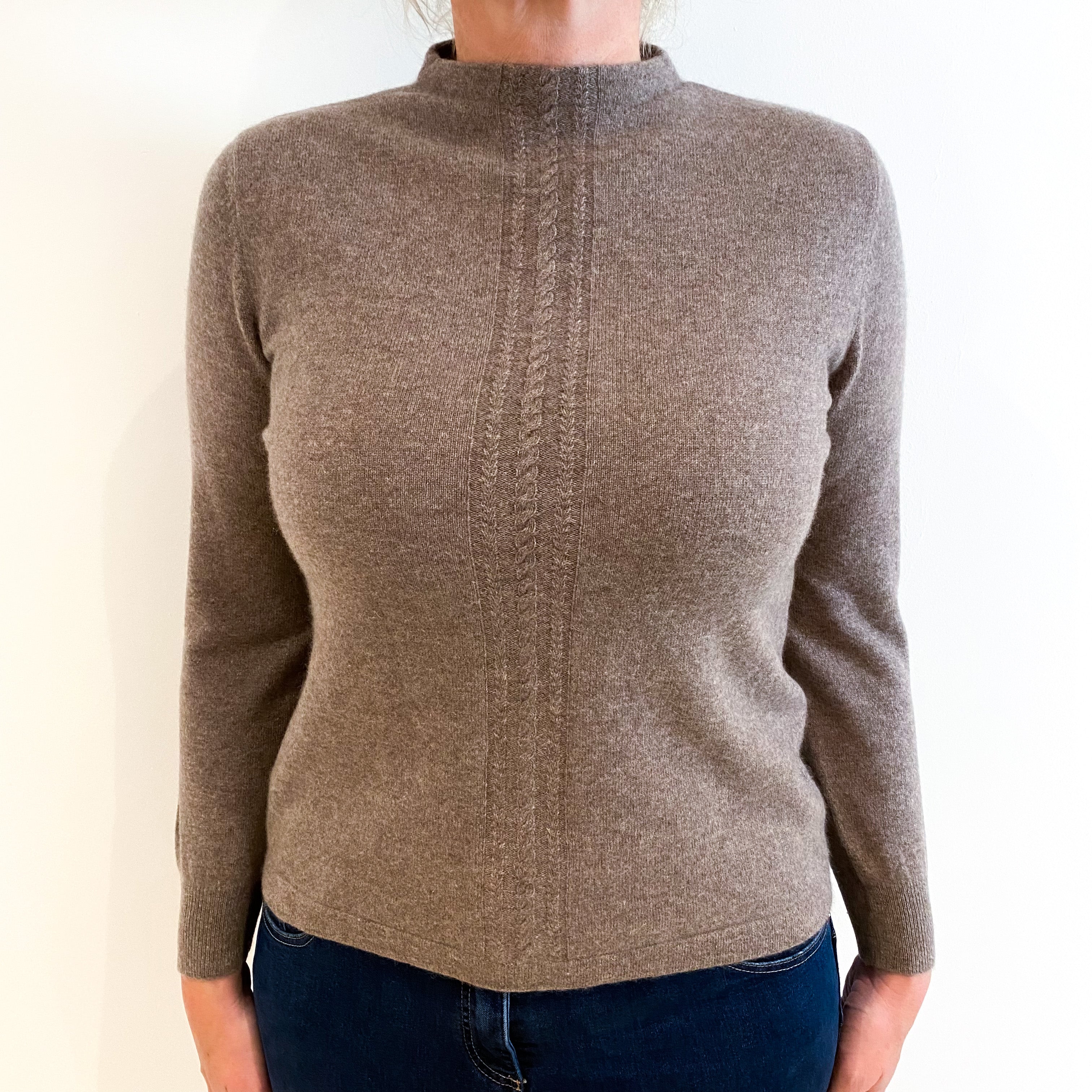 Taupe Brown Front Cable Detail Cashmere Crew Neck Jumper Large