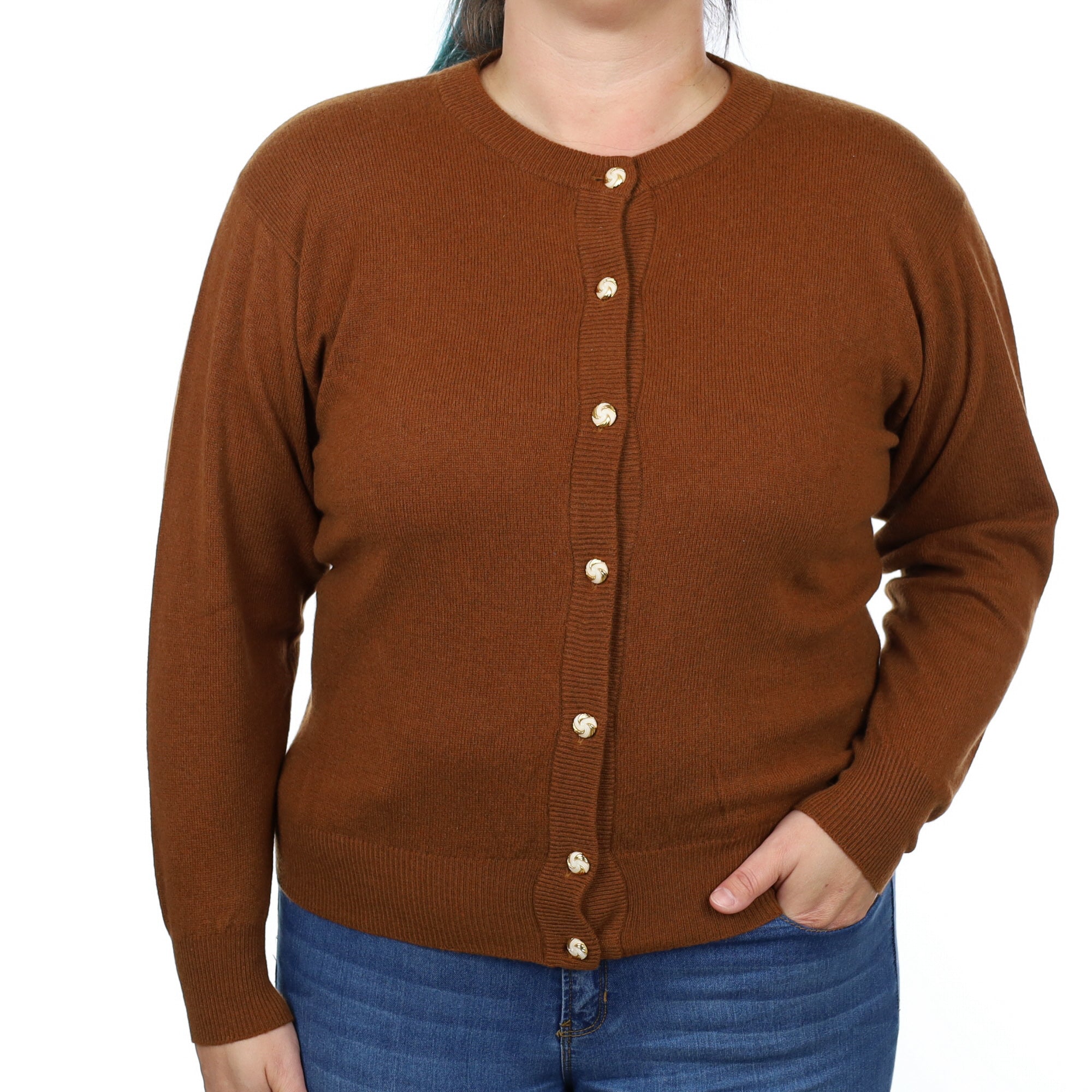 Cinnamon Brown Cashmere Crew Neck Cardigan Large