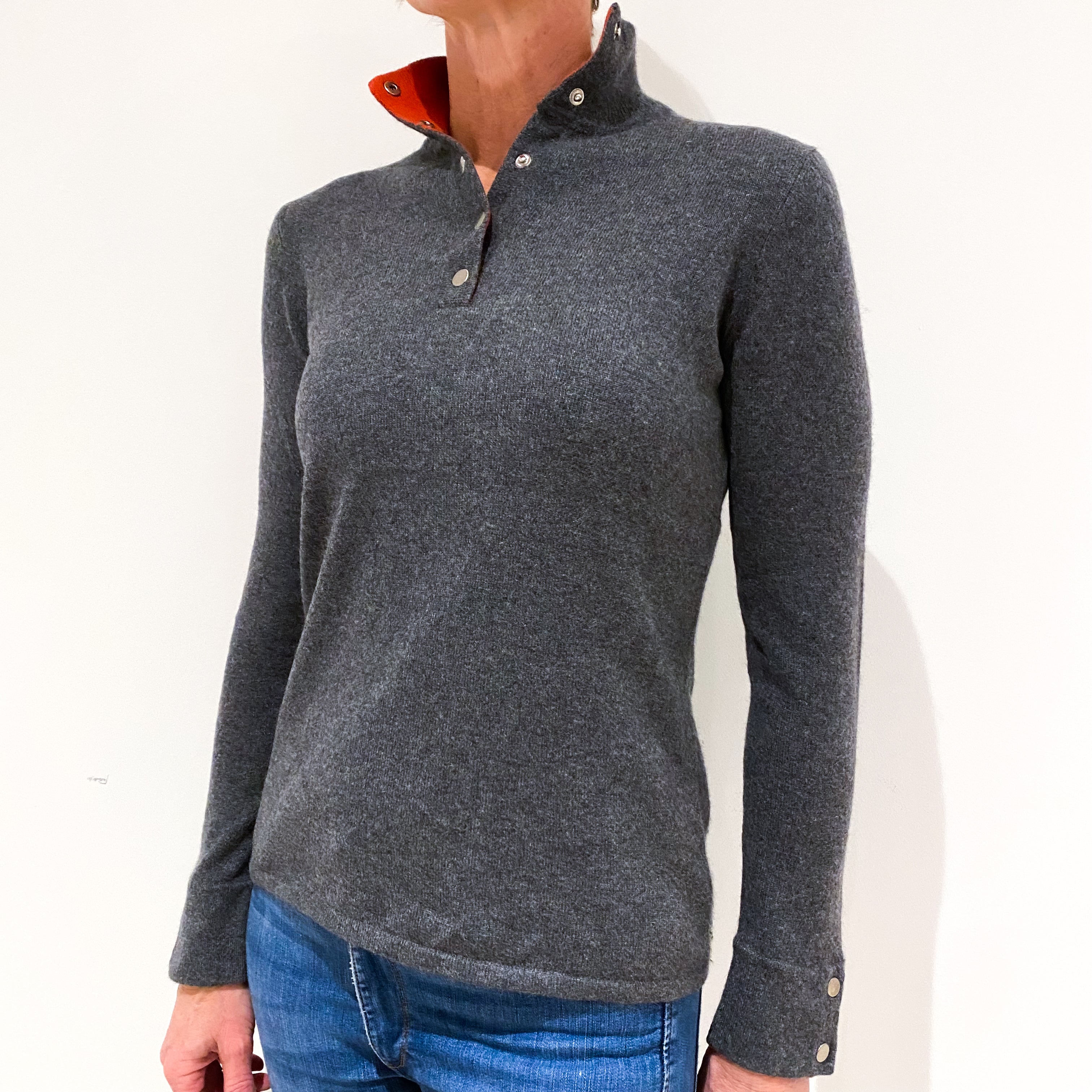 Slate Grey Button Front Cashmere Turtle Neck Jumper Small