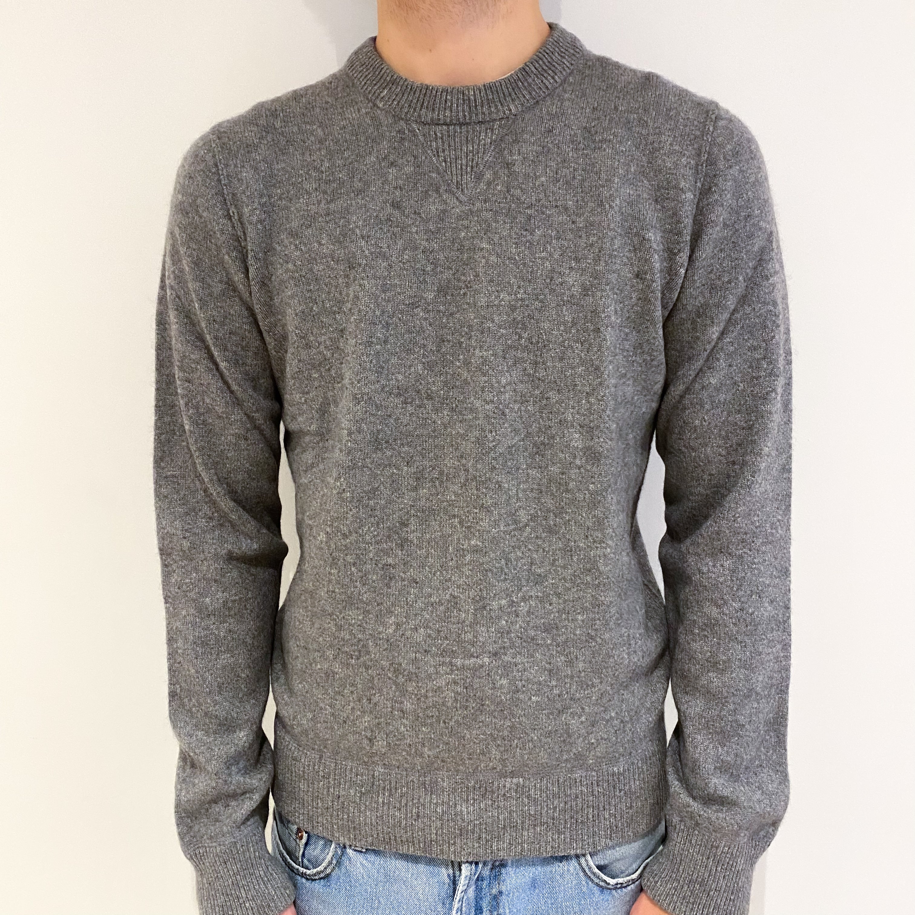 Men's Ash Grey Cashmere Crew Neck Jumper Large