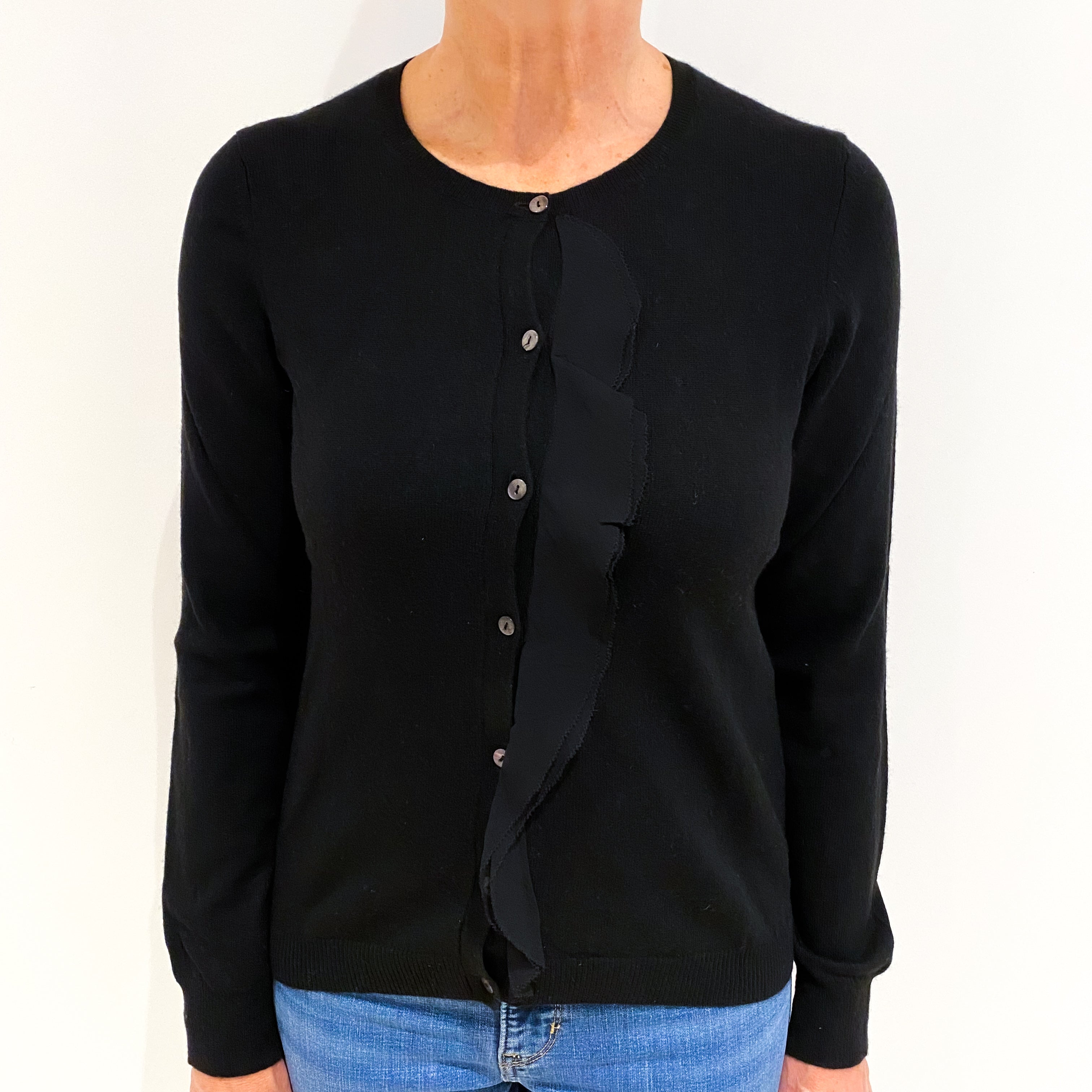 Black Cashmere Chiffon Trim Crew Neck Cardigan Medium