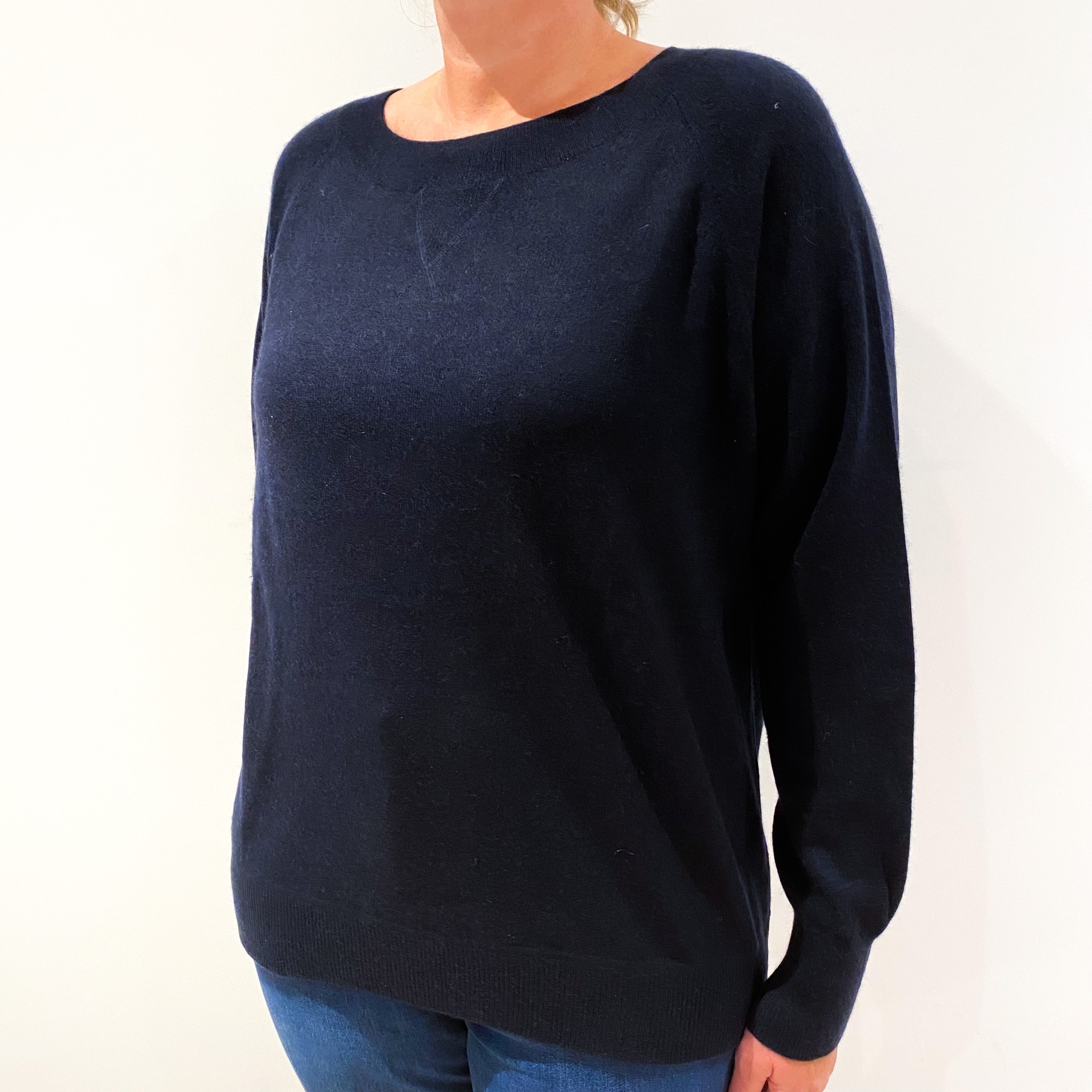 Navy Blue Sweatshirt Style Slouchy Cashmere Crew Neck Jumper Large
