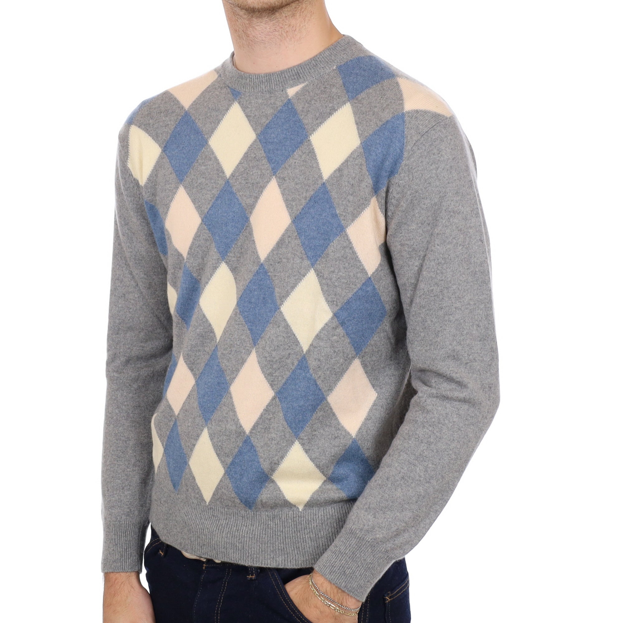 Men's Smoke Grey Cashmere Patterned Crew Neck Jumper Medium