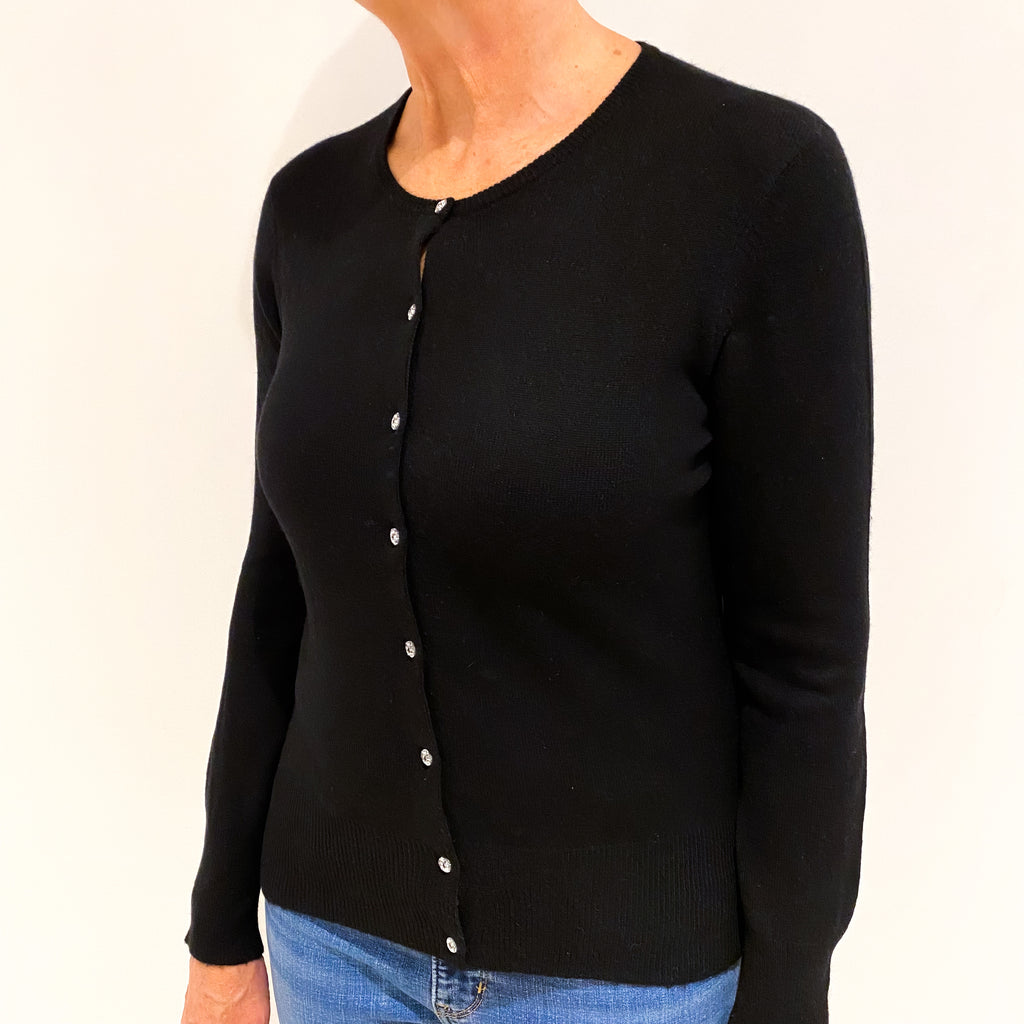 Black Diamanté Button Cashmere Crew Neck Cardigan Medium