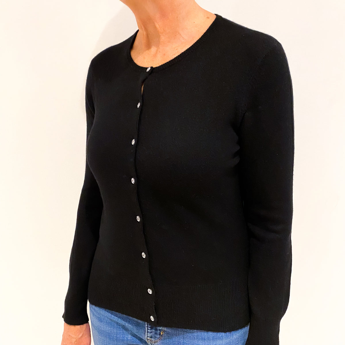 Black Diamanté Button Cashmere Crew Neck Cardigan Medium