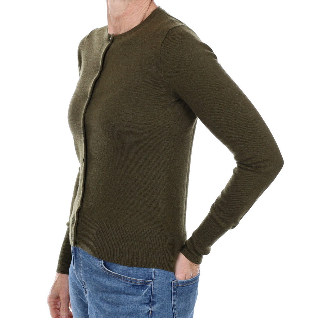 Deep Khaki Green Cashmere Crew Neck Cardigan Small
