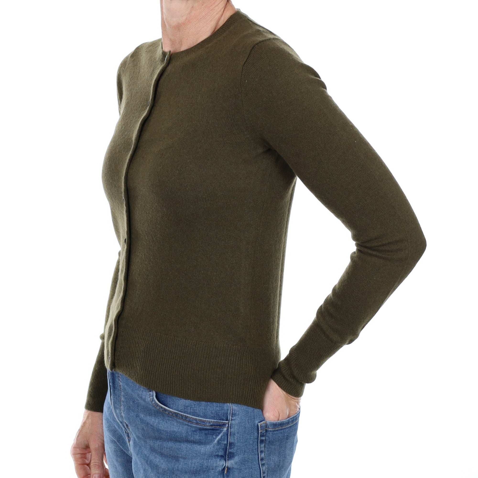 Deep Khaki Green Cashmere Crew Neck Cardigan Small