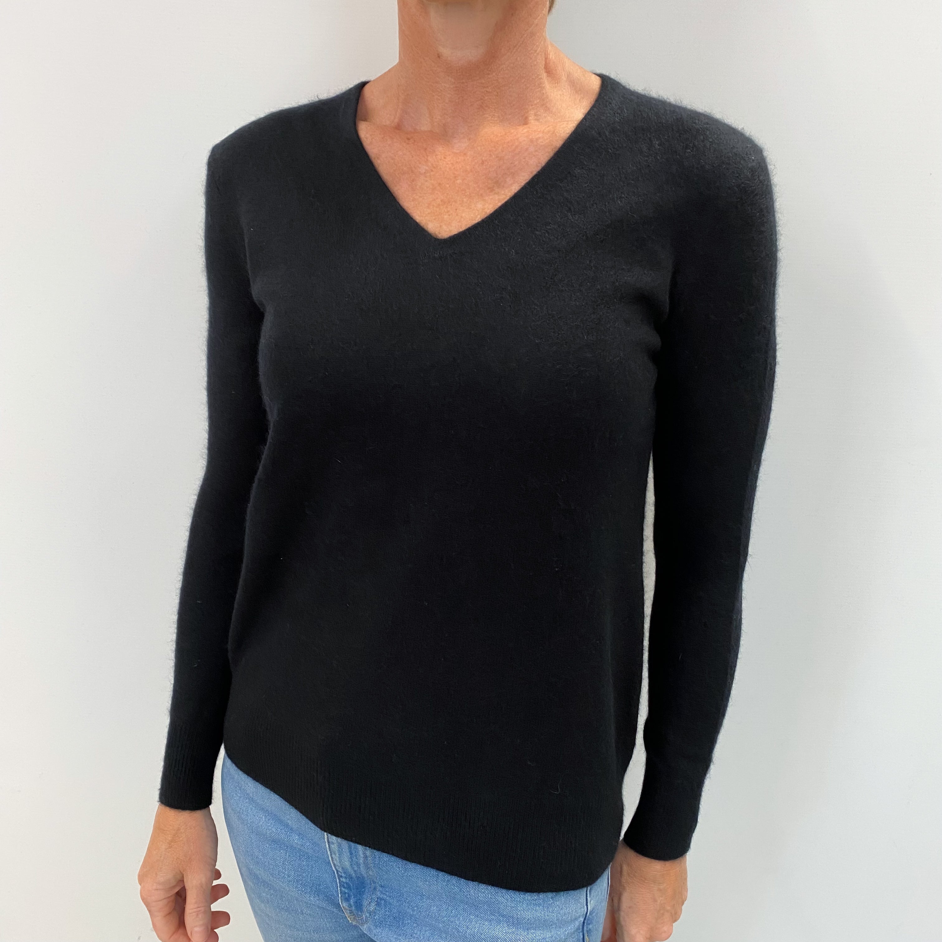 Black Cashmere V Neck Textured Jumper Small