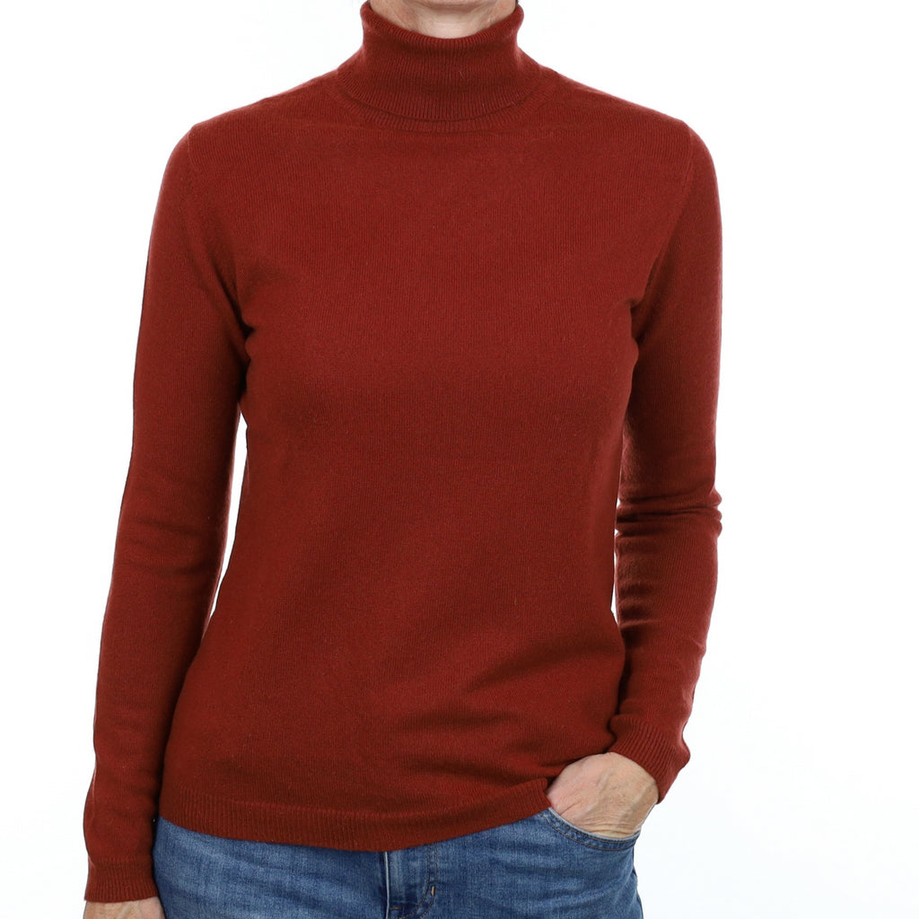 Rust Brown Cashmere Polo Neck Jumper Small