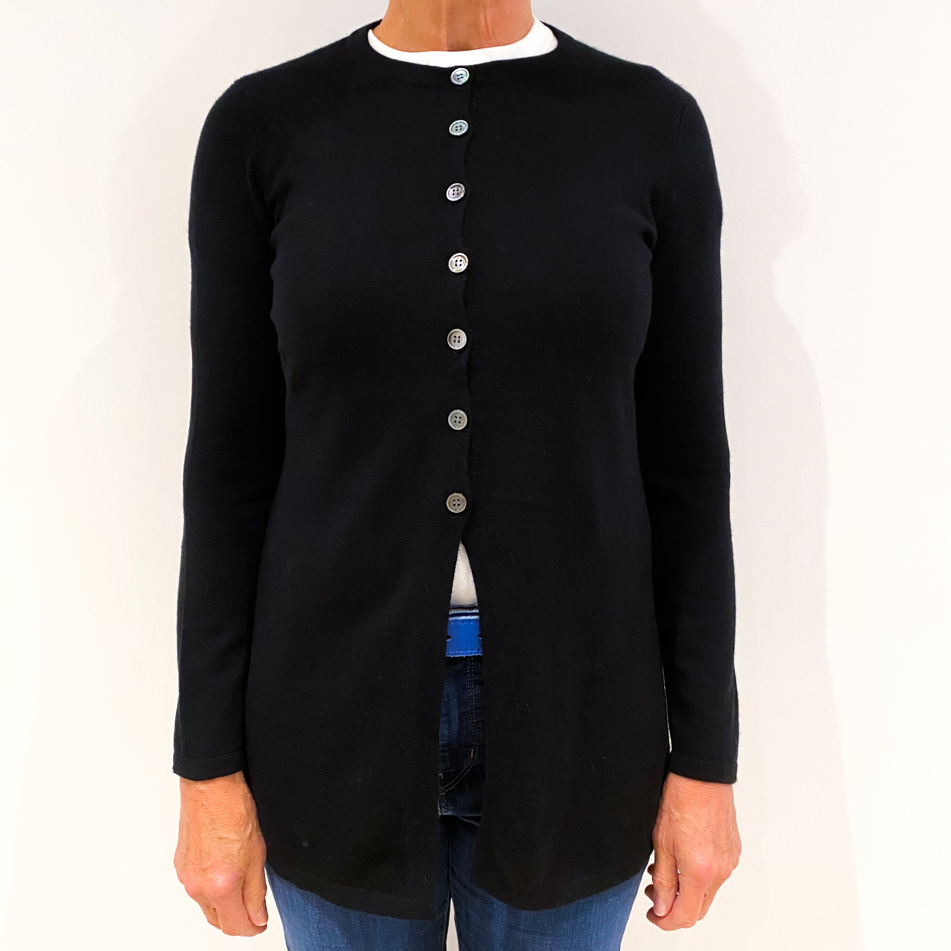Black Cashmere 1/2 Buttoned Crew Neck Cardigan Medium