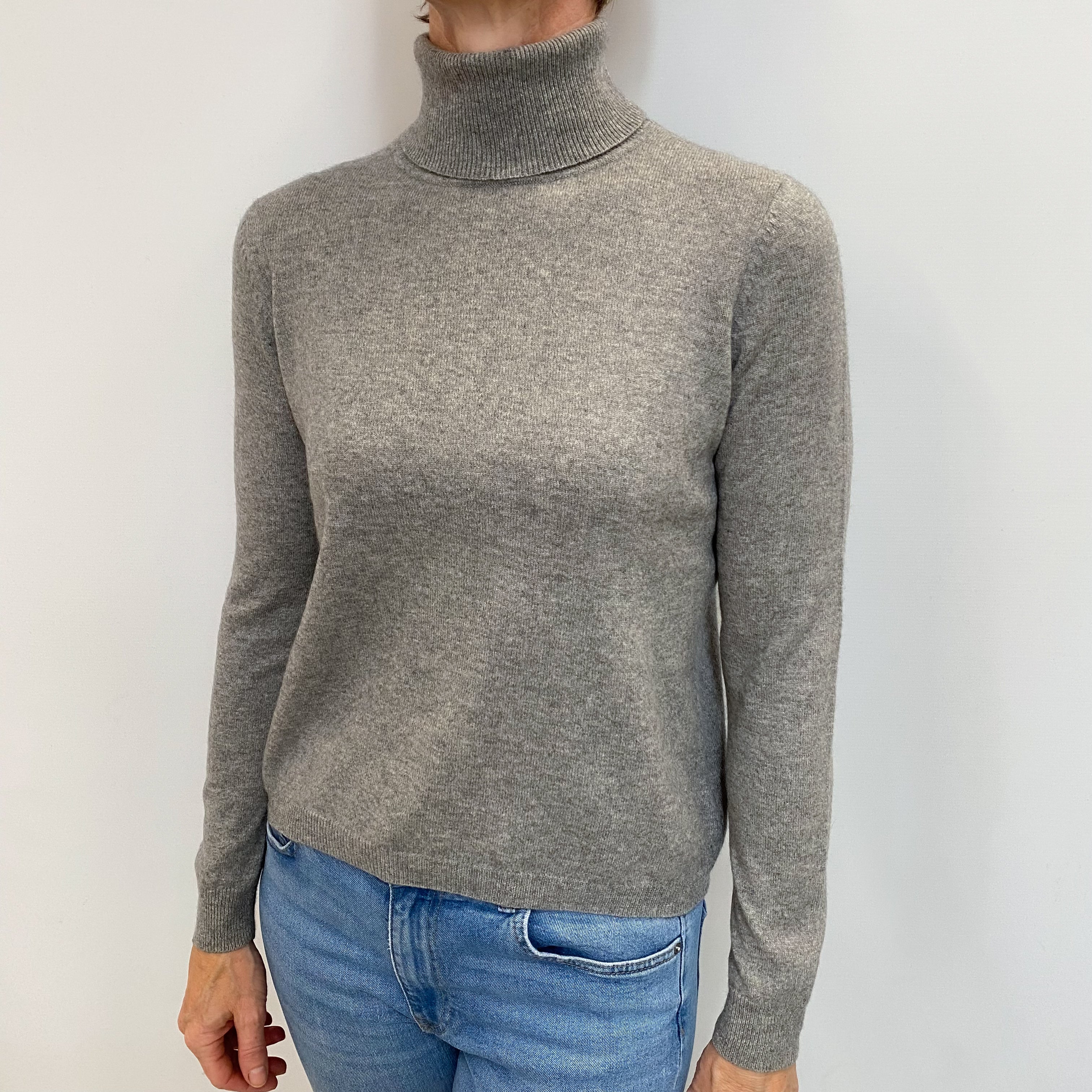 Ash Grey Cashmere Polo Neck Jumper Small