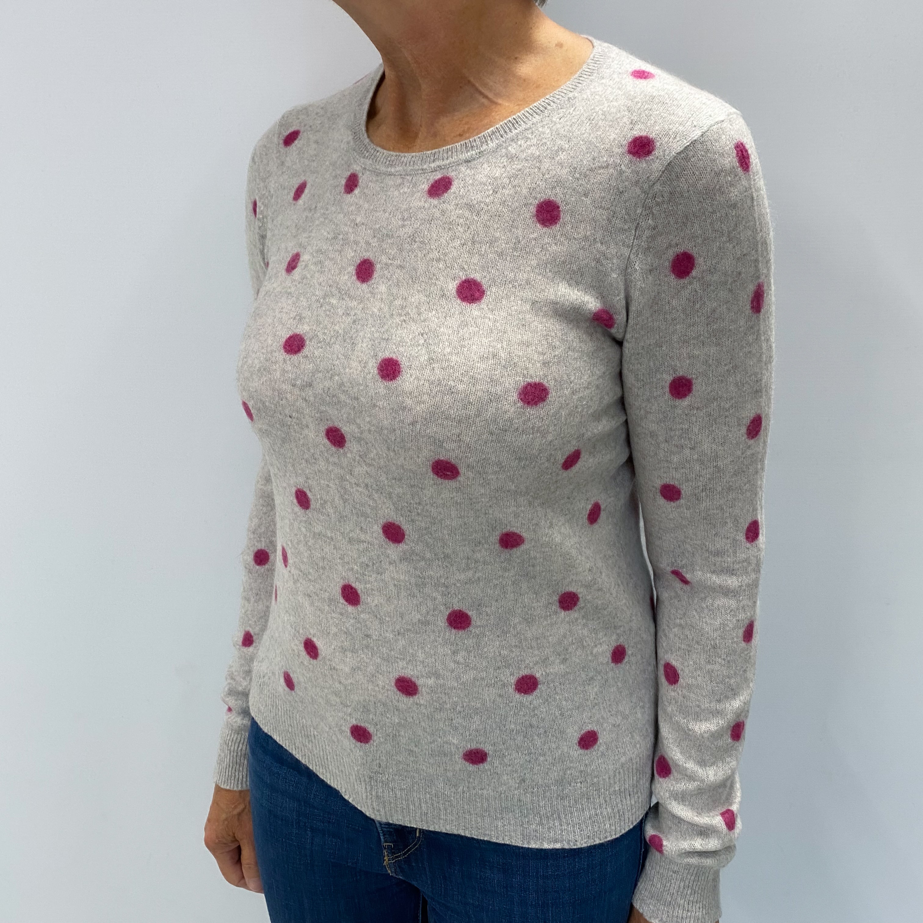 Grey Magenta Polka Dot Cashmere Crew Neck Jumper Medium