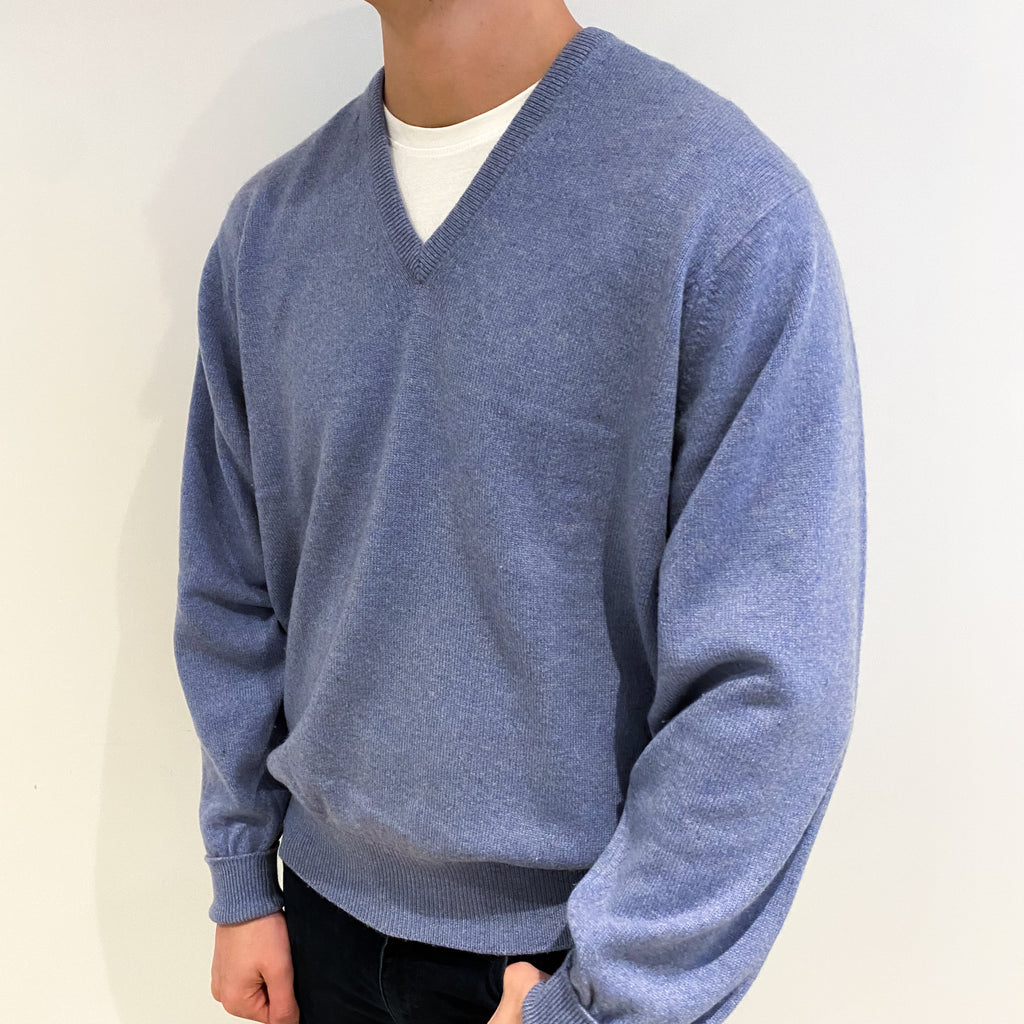 Men's Scottish Denim Blue Cashmere V Neck Jumper XXL
