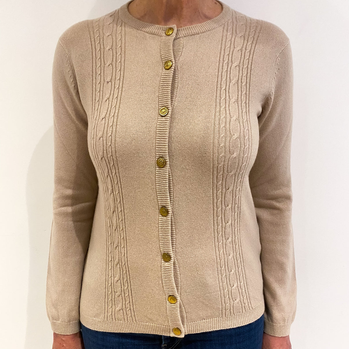 Fawn Cable Detail Cashmere Crew Neck Cardigan Medium