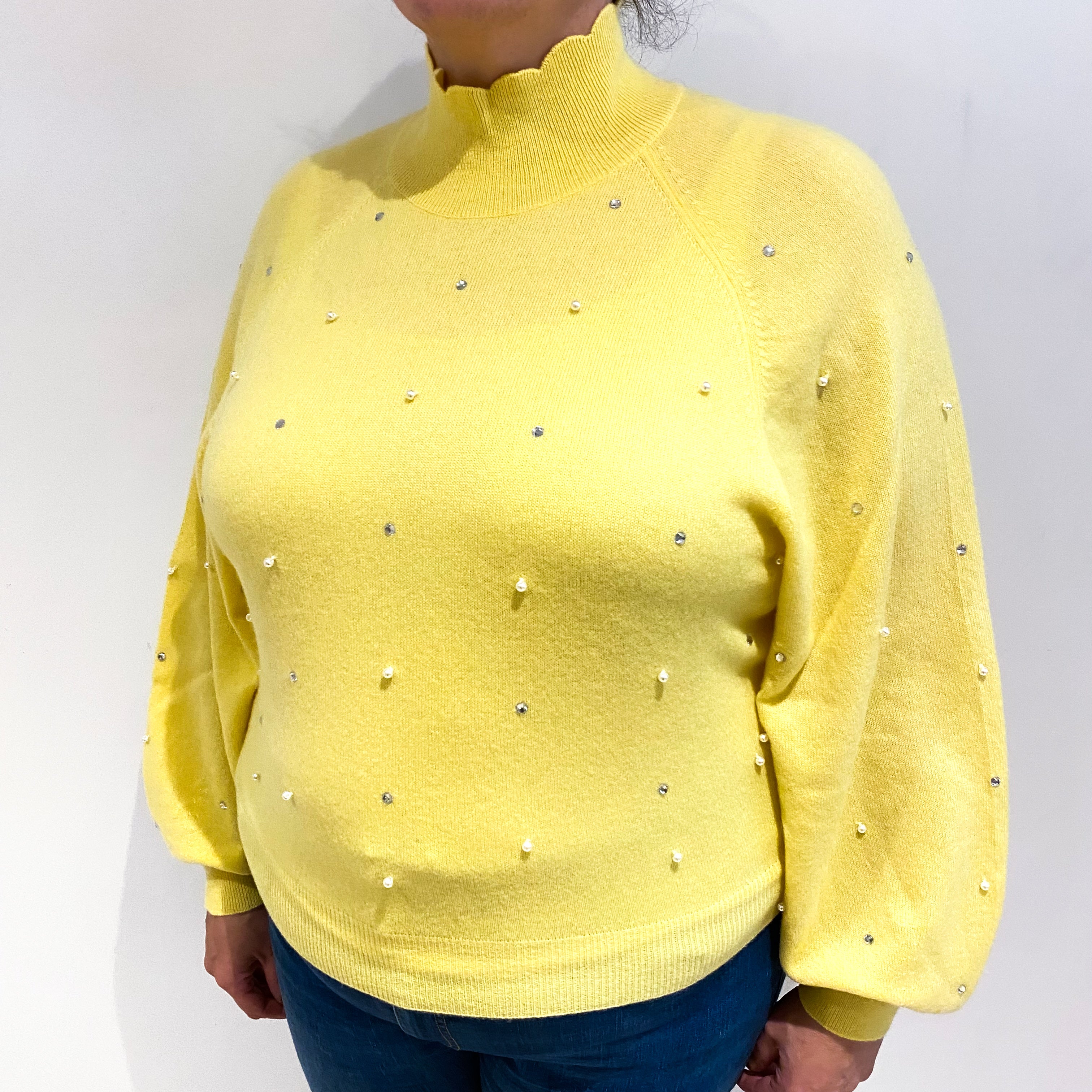 Sunshine Yellow Cashmere Embellished Turtle Neck Jumper Extra Large
