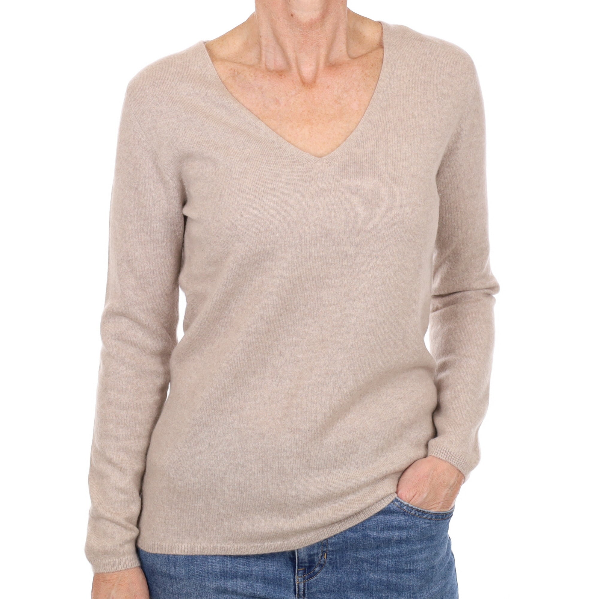 Oatmeal Beige Cashmere V Neck Jumper Small