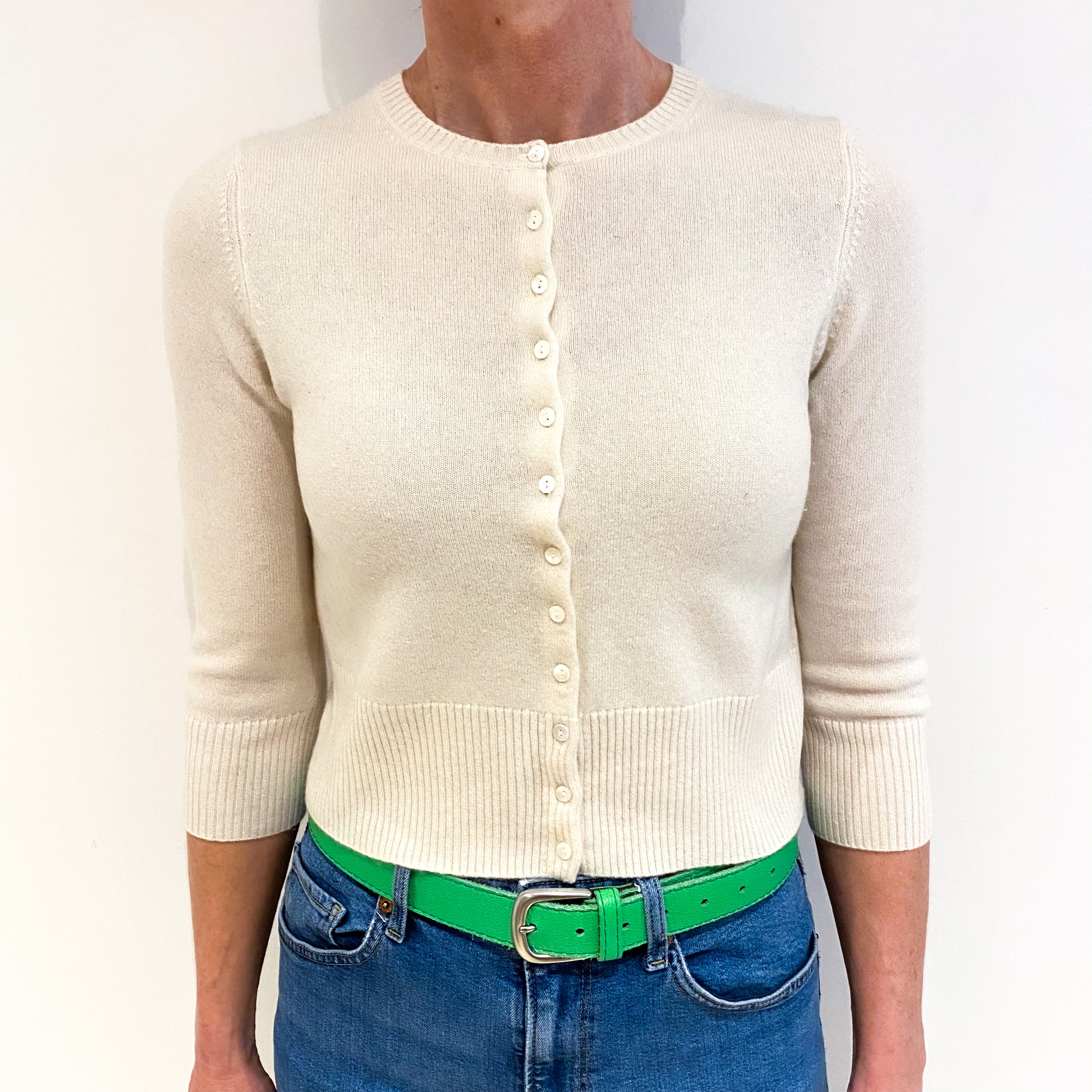 Vanilla Cream Cashmere Crew Neck Cropped Cardigan Small