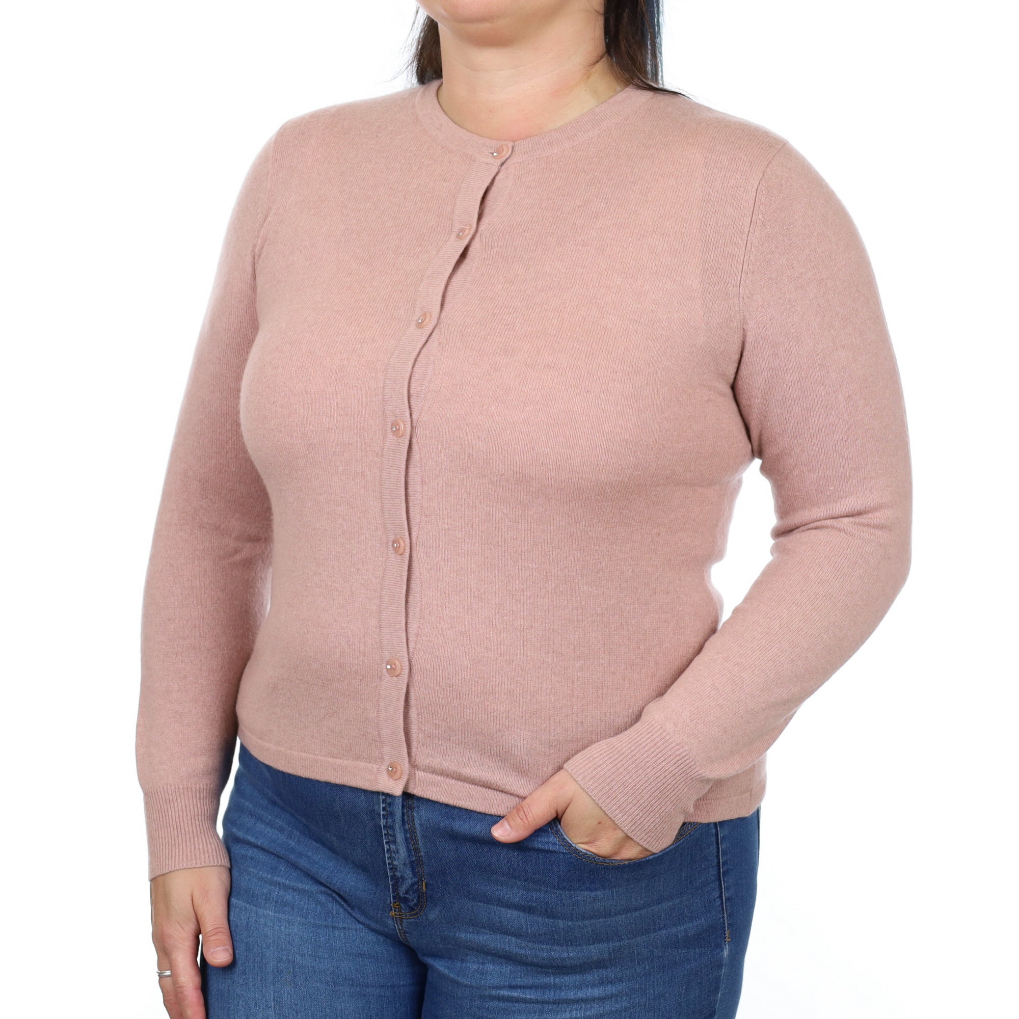 Faded Heather Pink Cashmere Crew Neck Cardigan Large