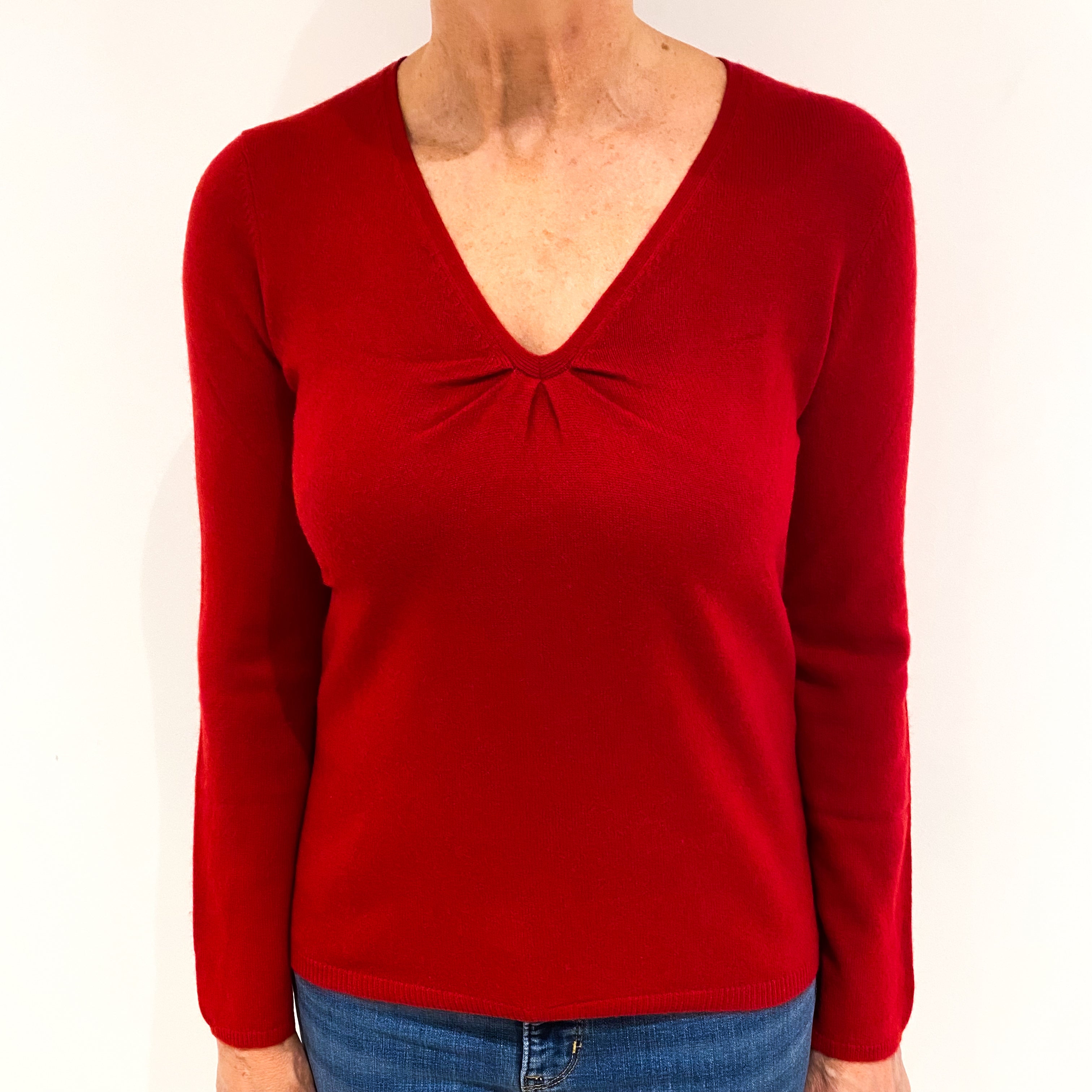 Post Box Red Cashmere Ruched V Neck Jumper Medium