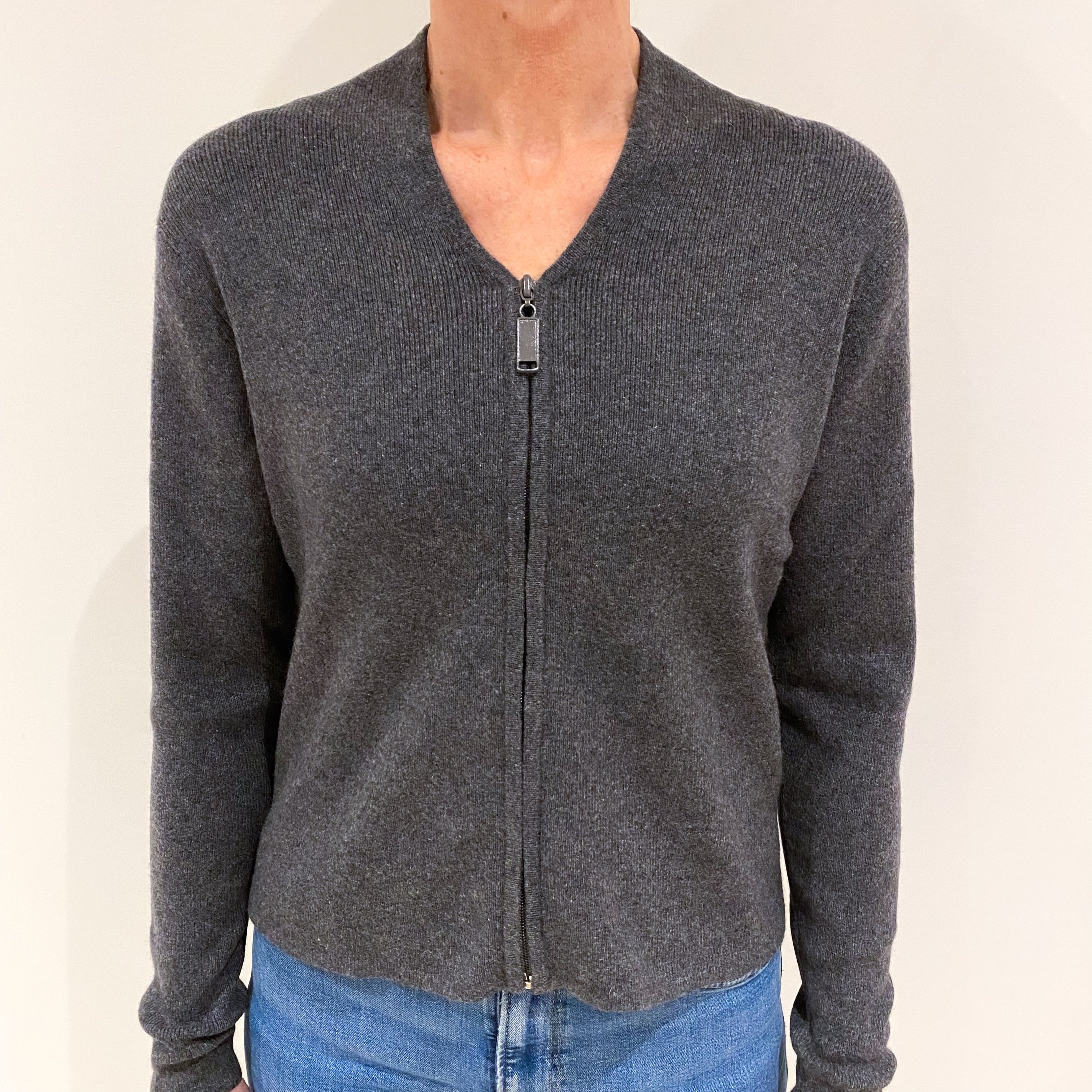 Slate Grey Heavy knit Cashmere Zip Up Cardigan Small