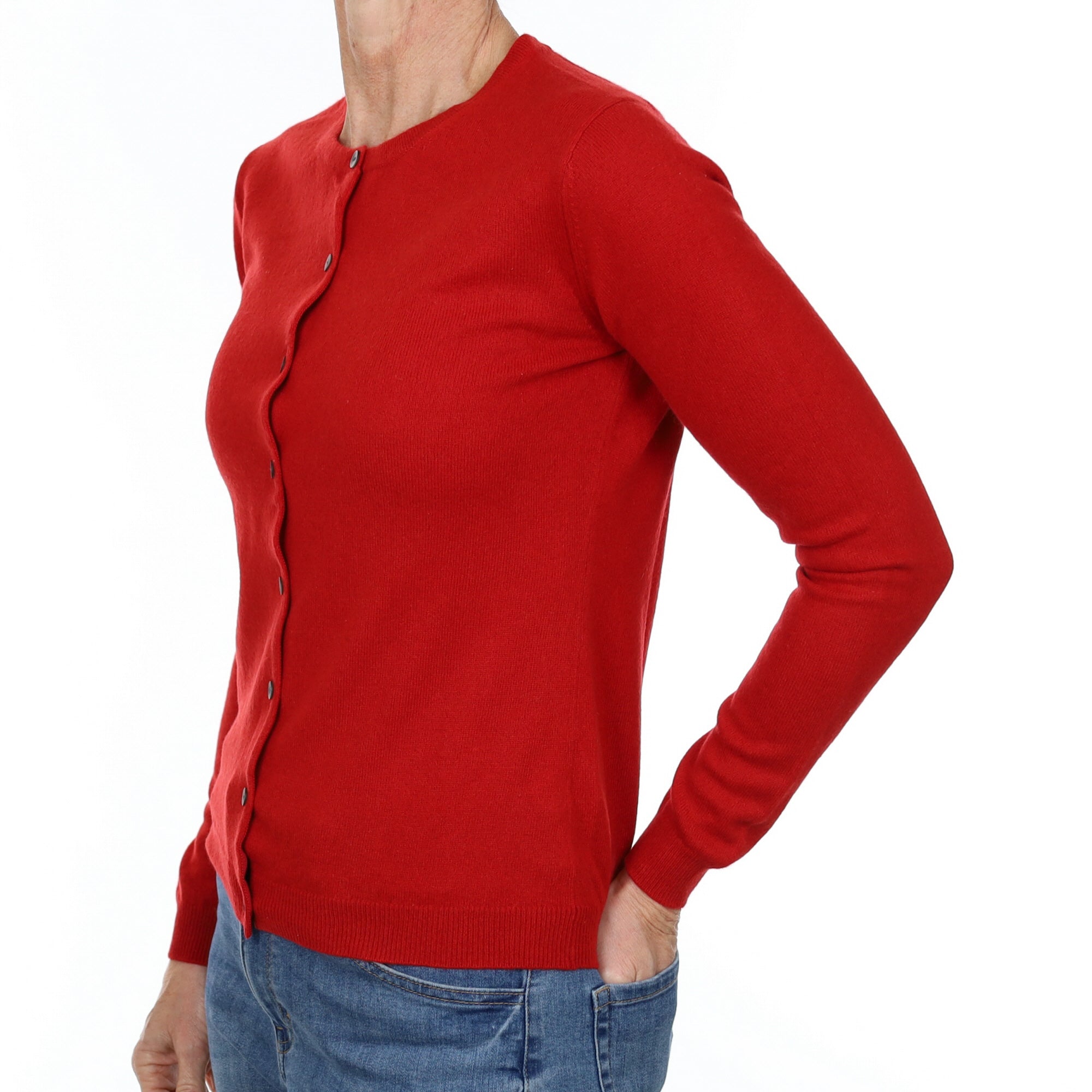 Post Box Red Cashmere Crew Neck Cardigan Small