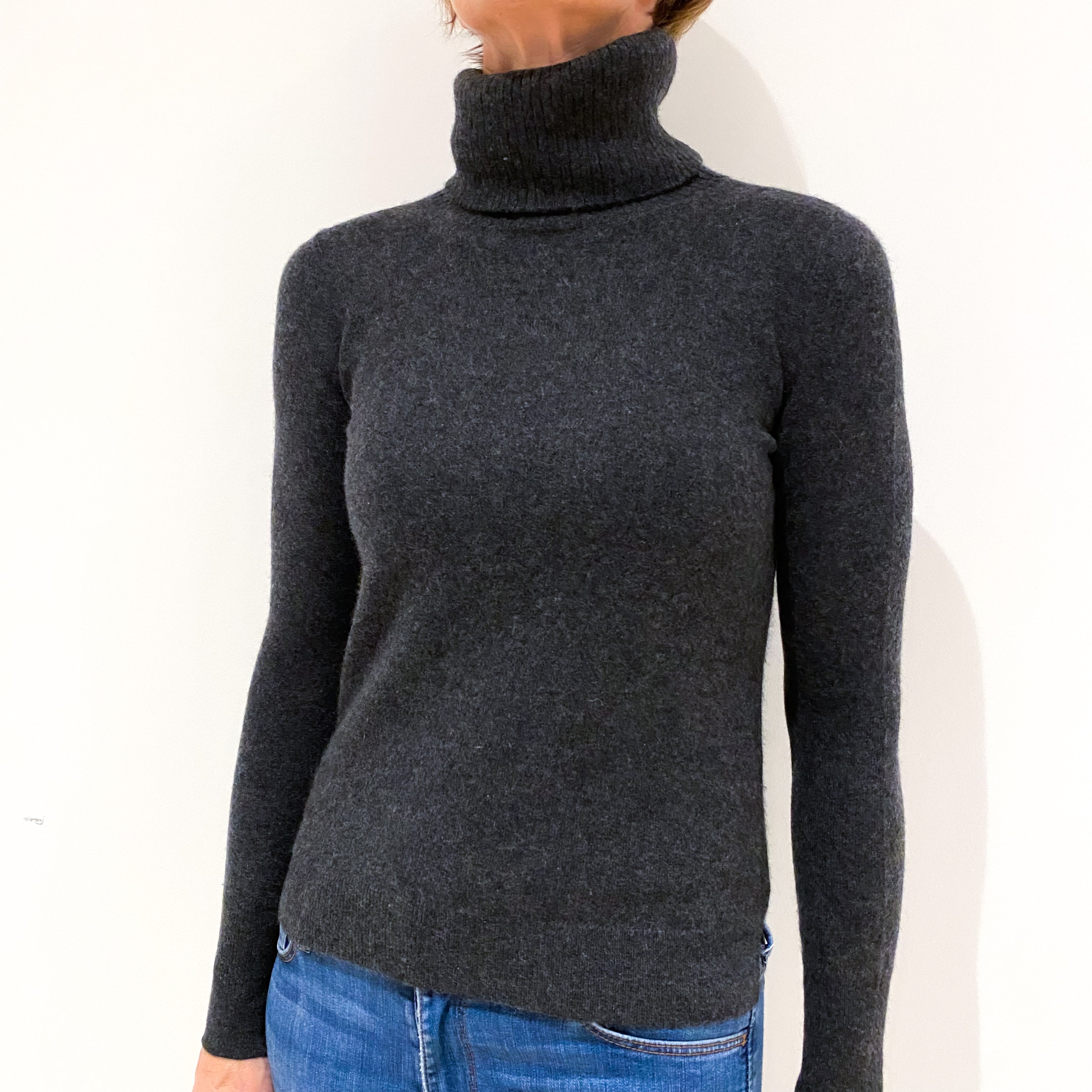 Charcoal Grey Cashmere Polo Neck Jumper Small