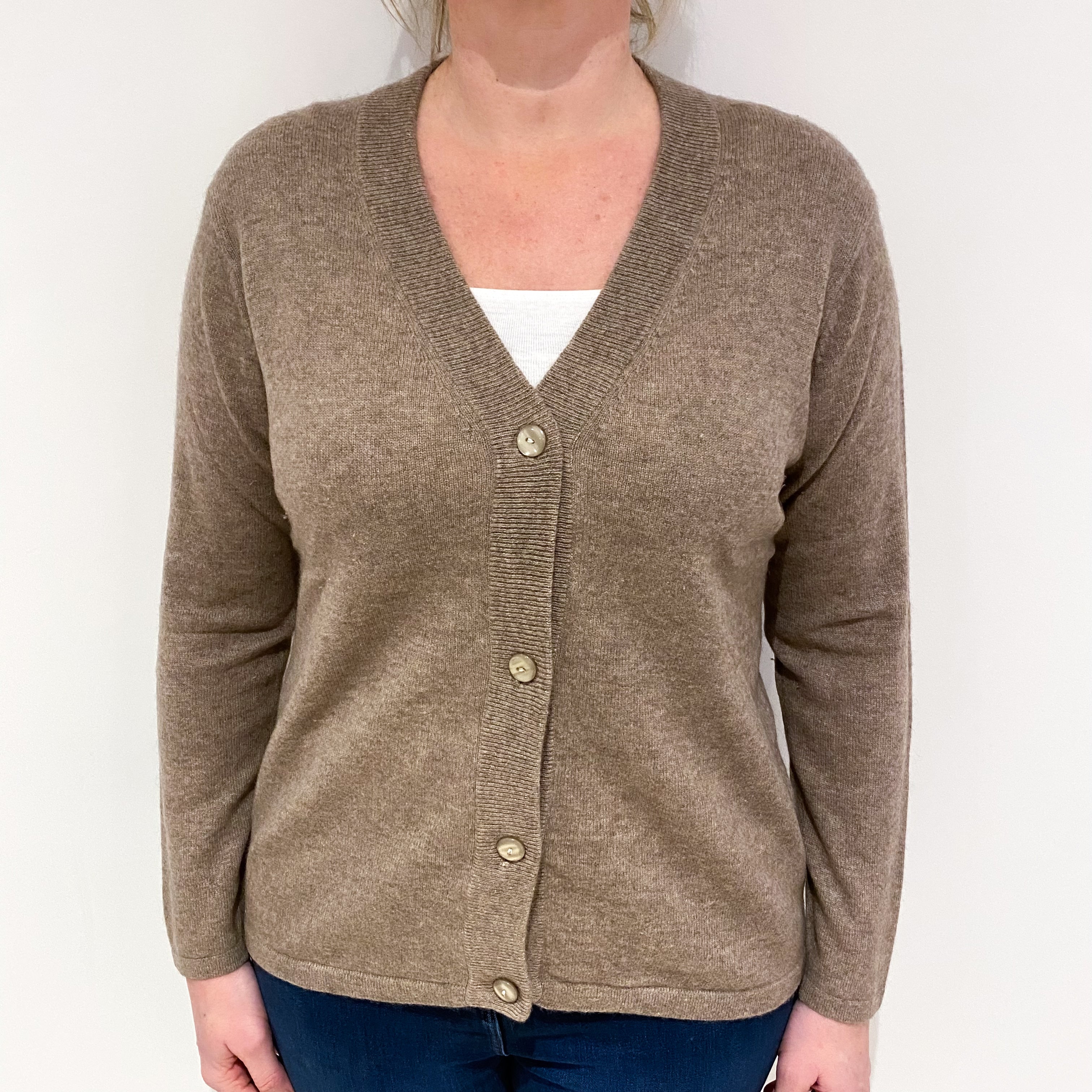 Taupe Brown Cashmere V Neck Cardigan Large