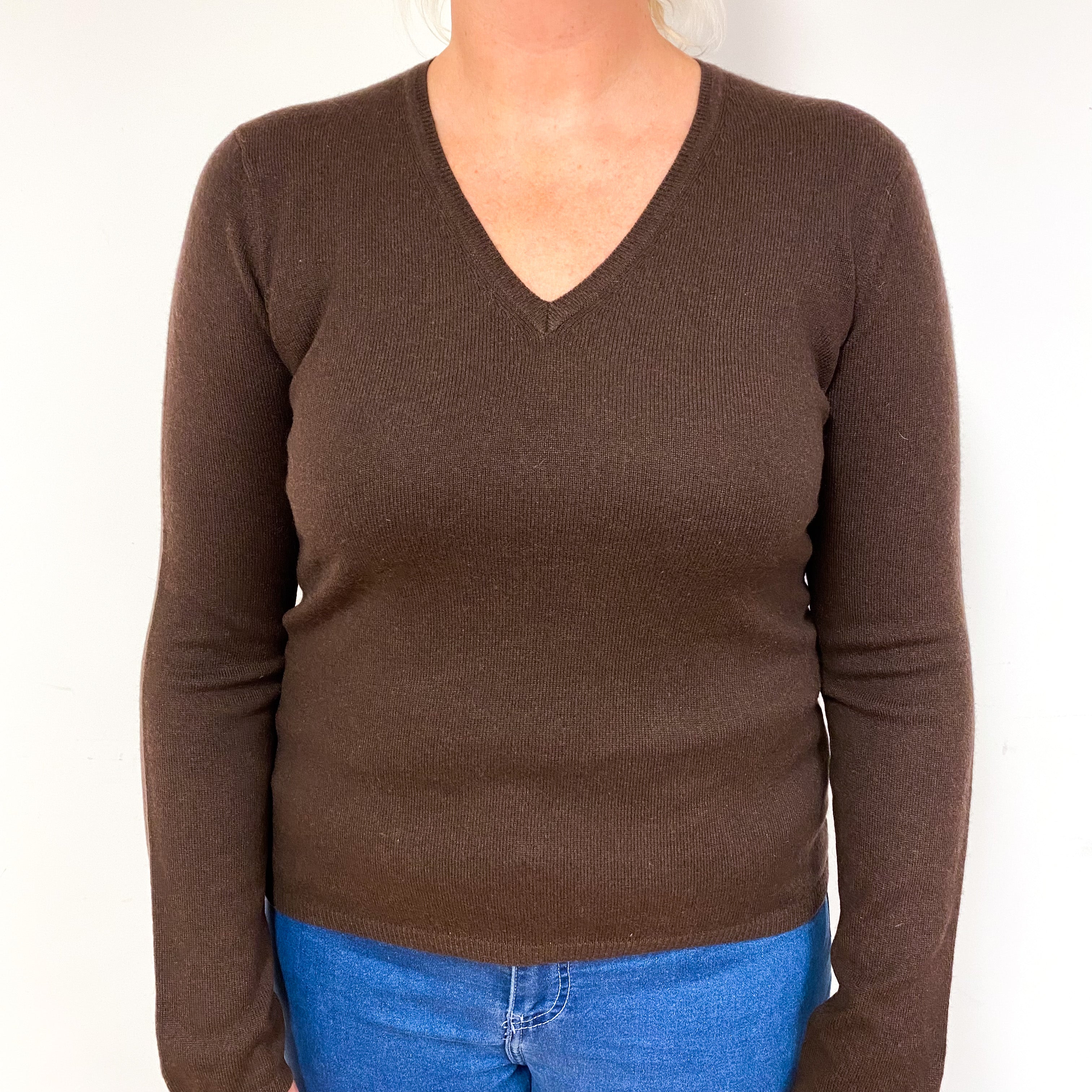 Chocolate Brown Cashmere V-Neck Jumper Large