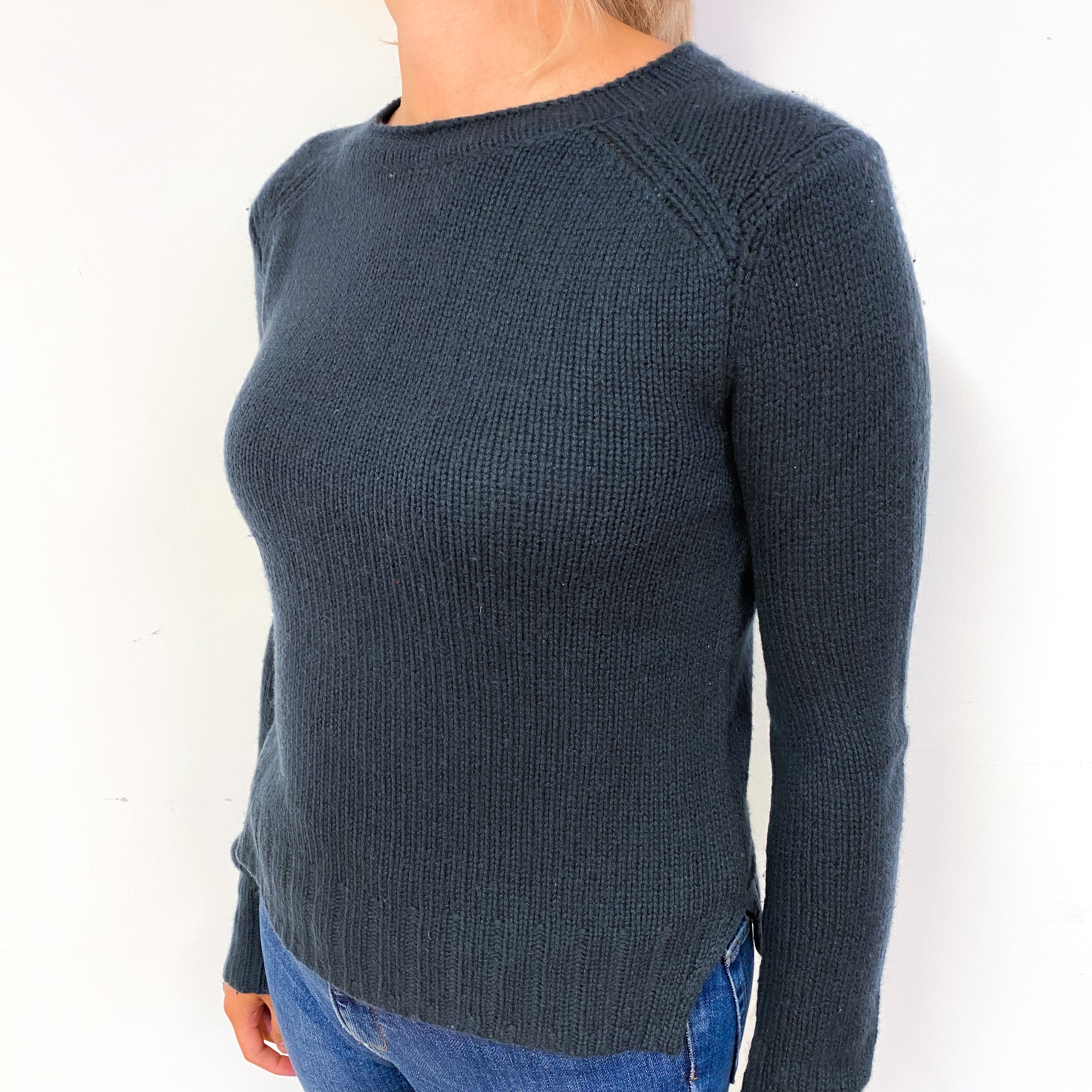 Dark Blue Grey Chunky Cashmere Crew Neck Jumper Small