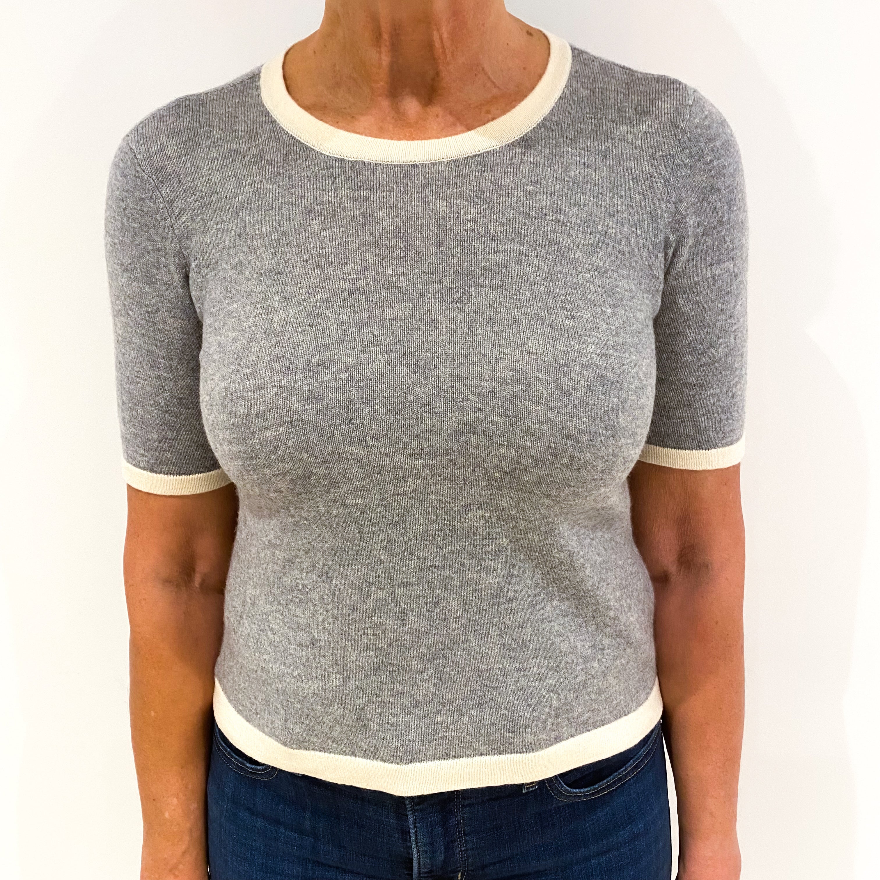 Smoke Grey Short Sleeved Cashmere Crew Neck Jumper Medium