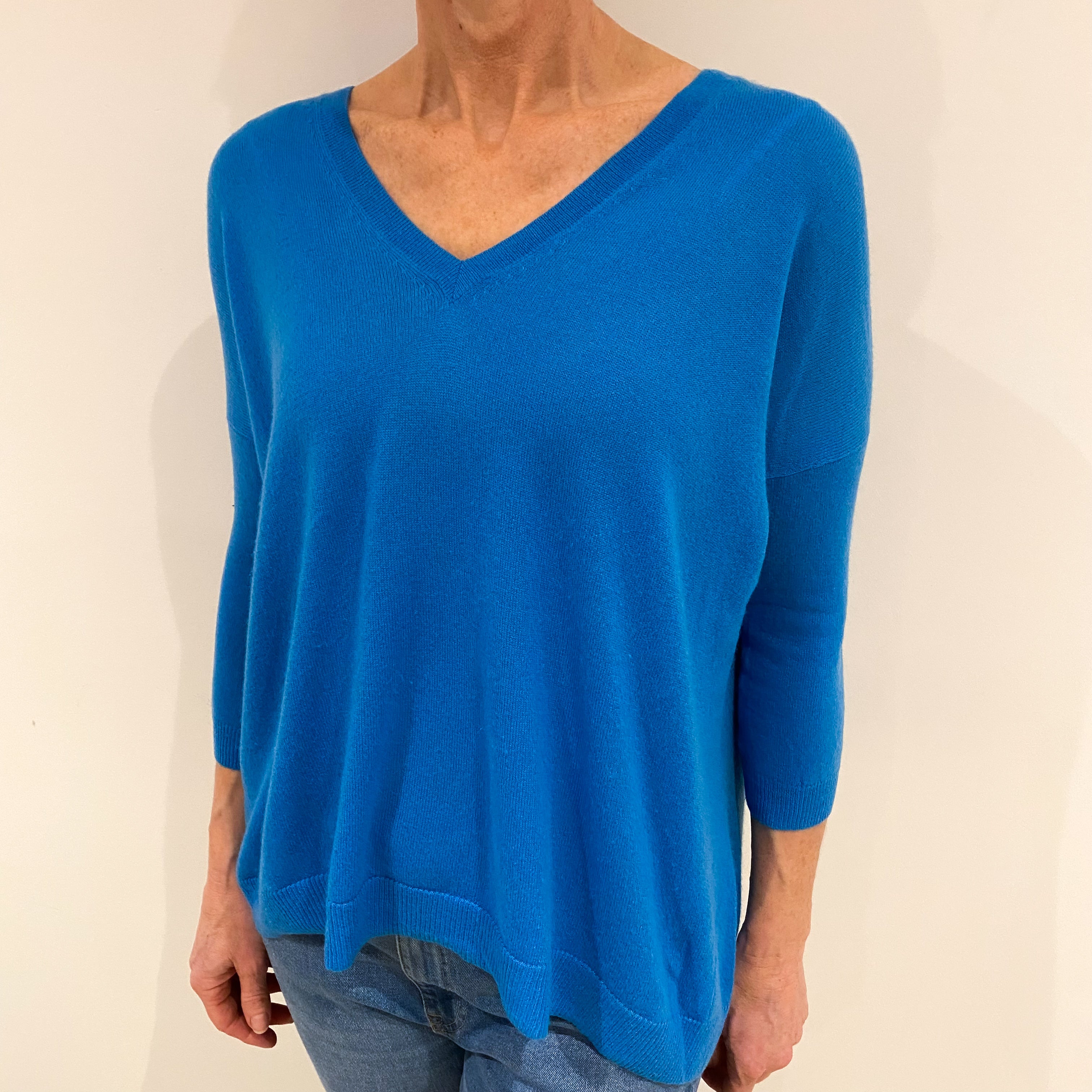 Turquoise Blue Slouchy Cashmere V Neck Jumper with Zipped Back Small