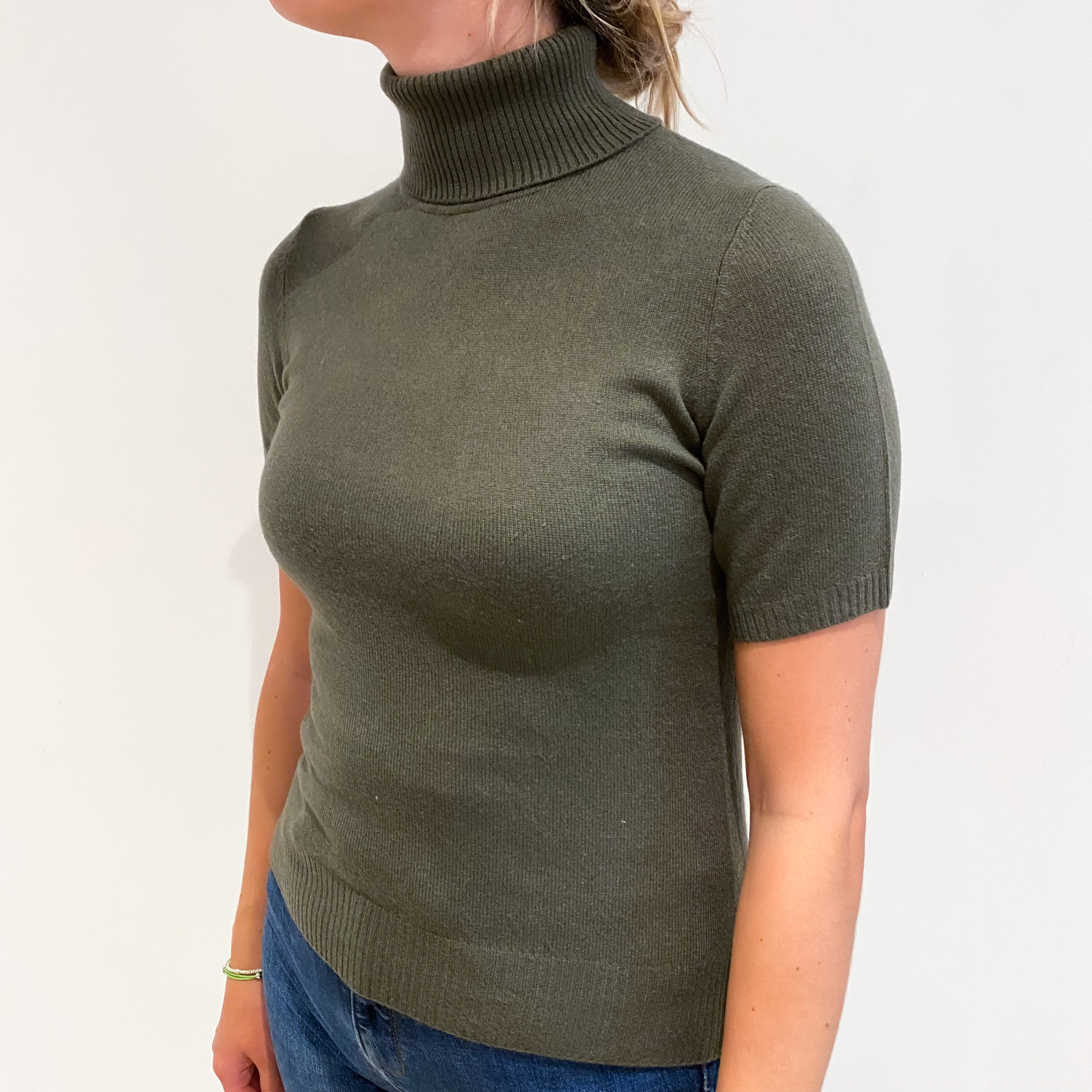 Khaki Green Cashmere Polo Neck Short Sleeved Jumper Small