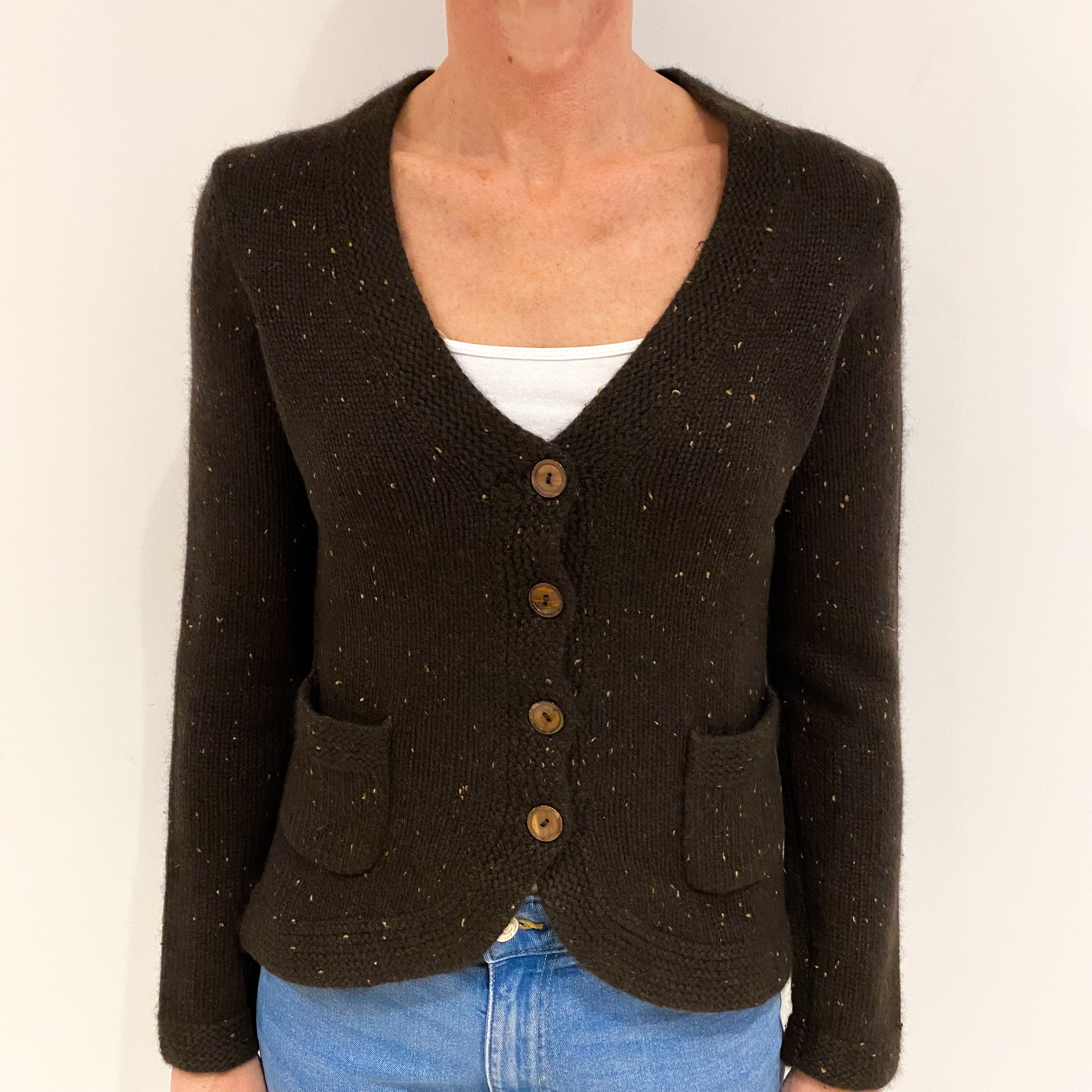 Chocolate Brown Marl Cashmere Chunky Collared Cardigan with Pockets Small