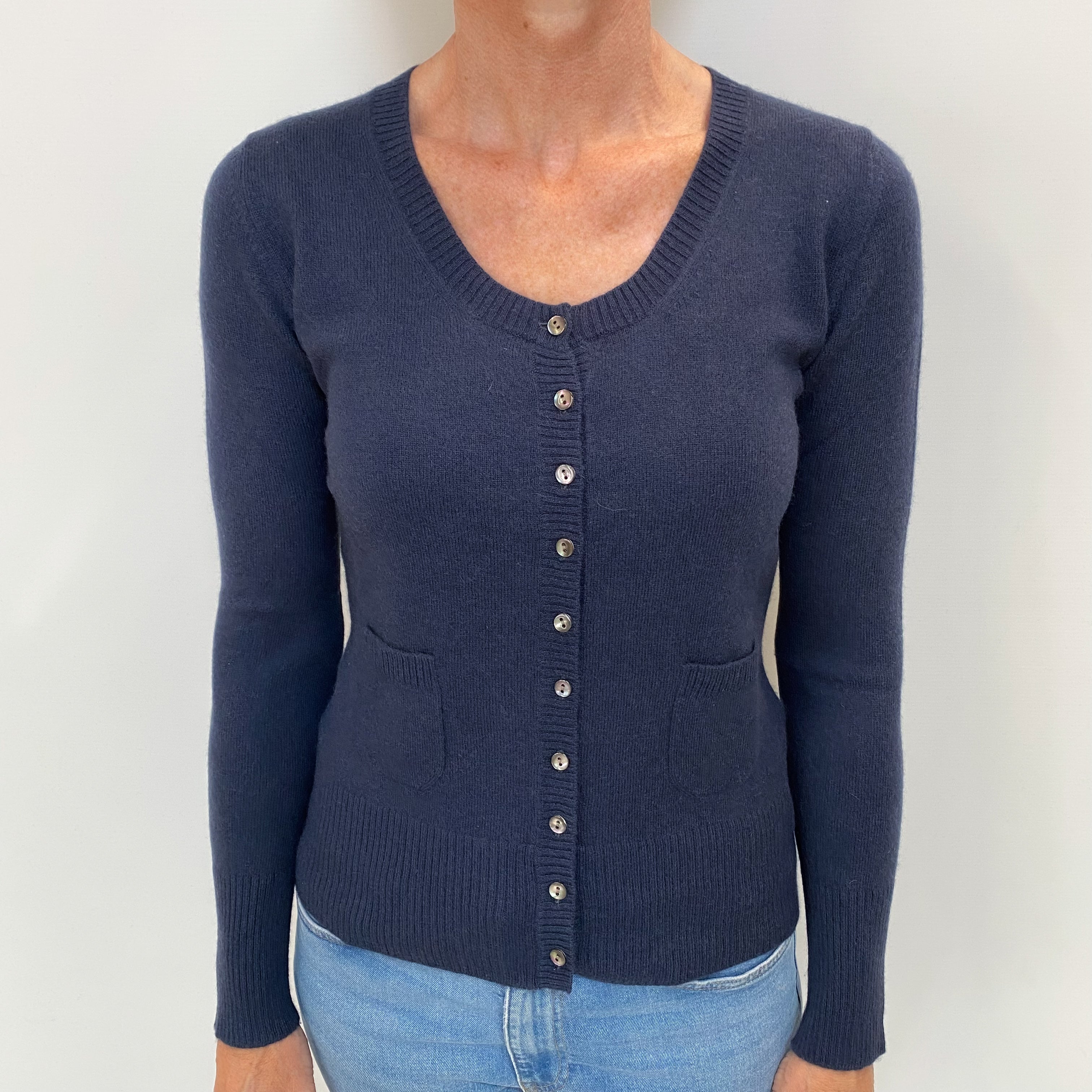 Naval Blue Cashmere Scoop Neck Cardigan with Pockets Small