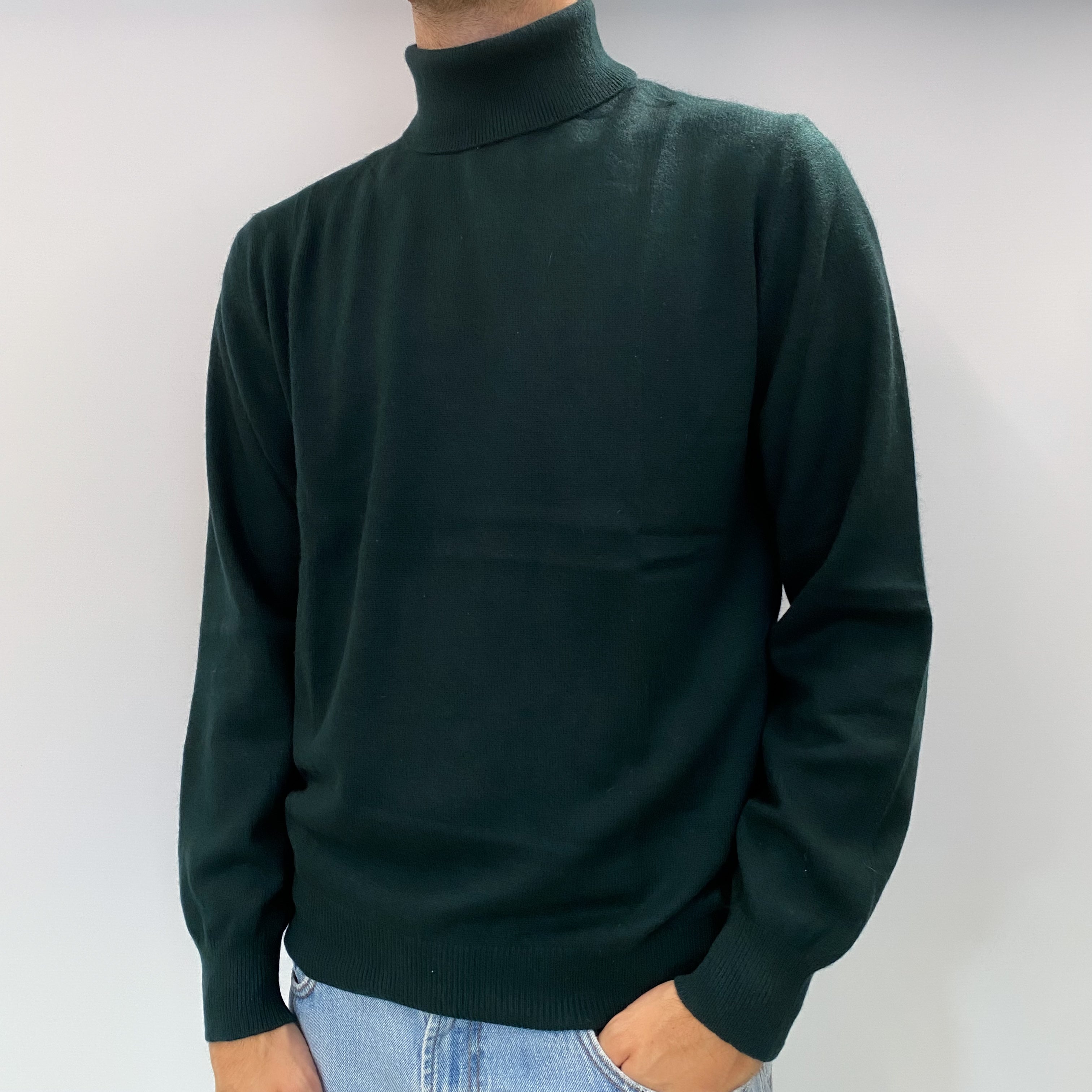 Men's Bottle Green Cashmere Polo Neck Jumper Large