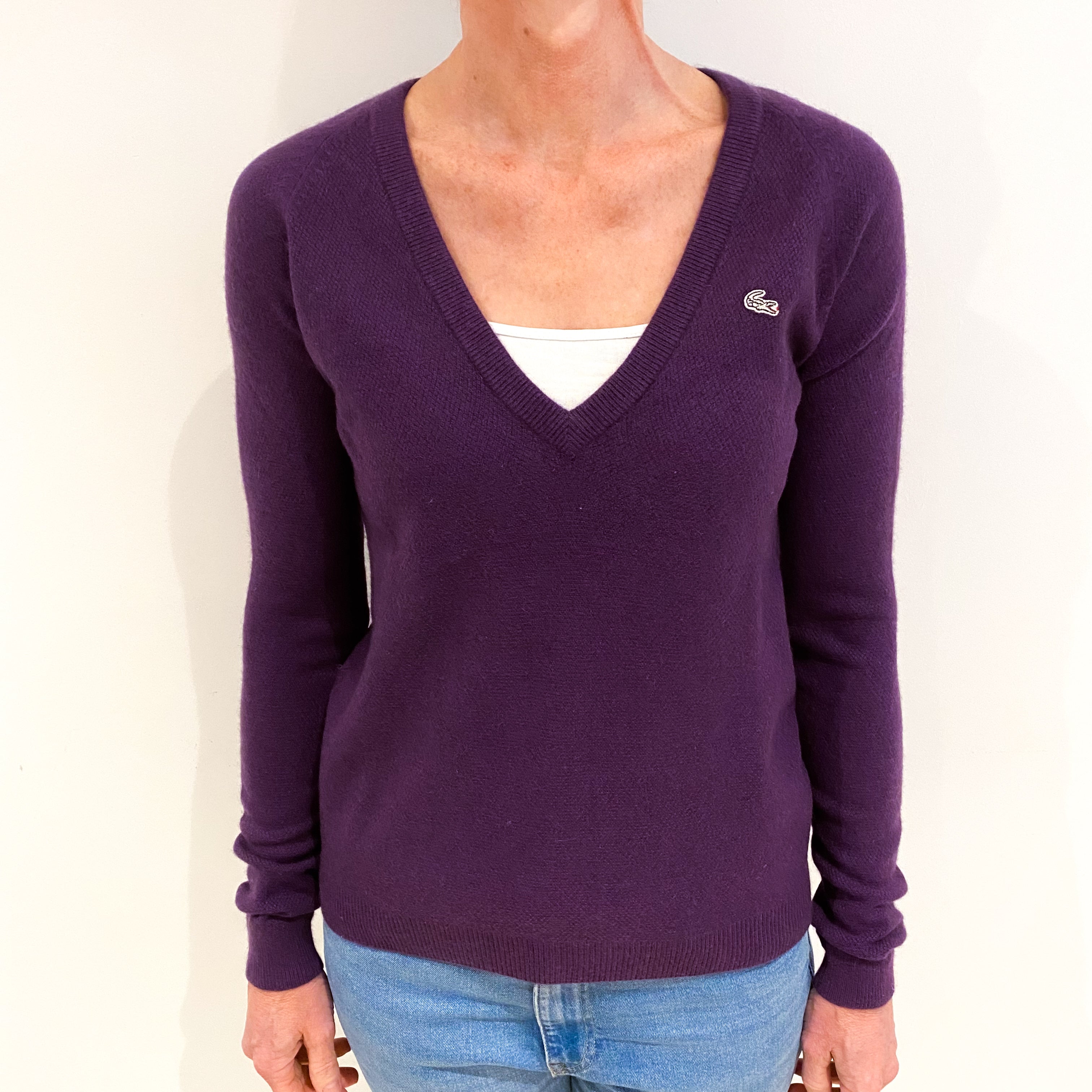 Lacoste Grape Purple Cashmere V Neck Jumper Small