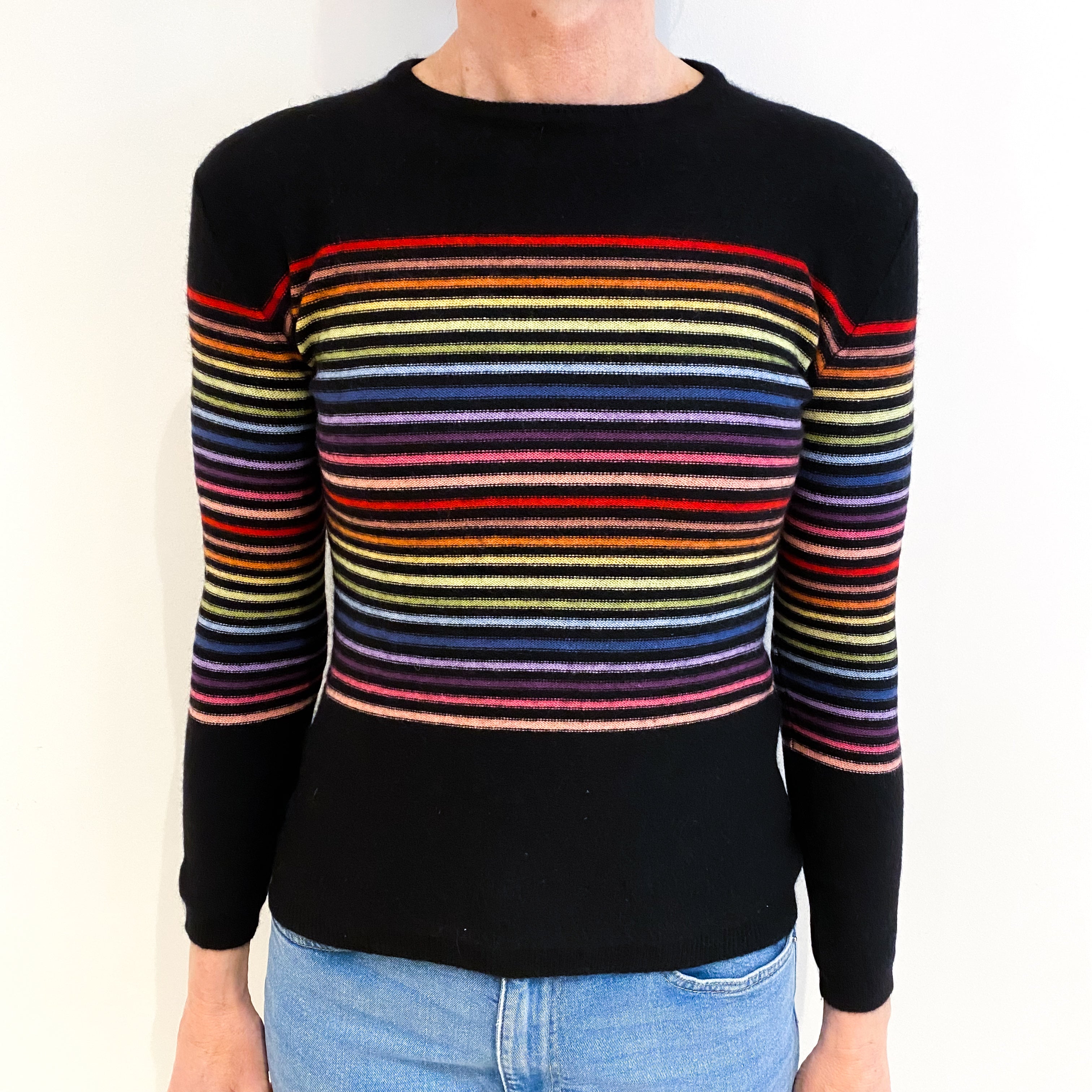 Black Rainbow Stripe Cashmere Crew Neck Jumper Small