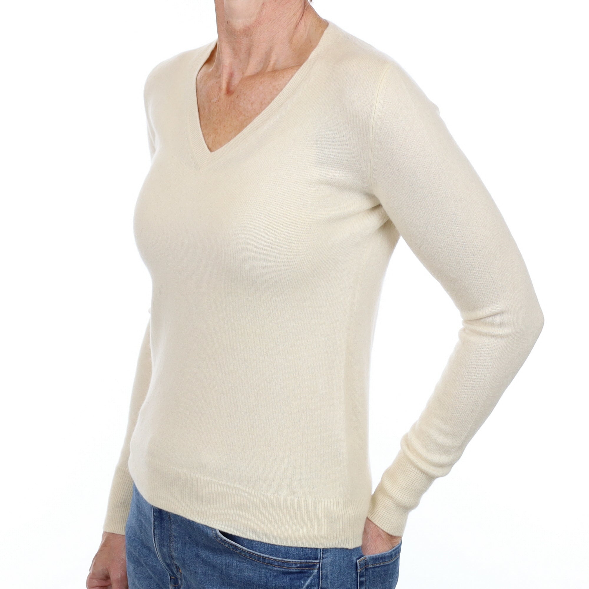 Vanilla Cream Cashmere V Neck Jumper Small