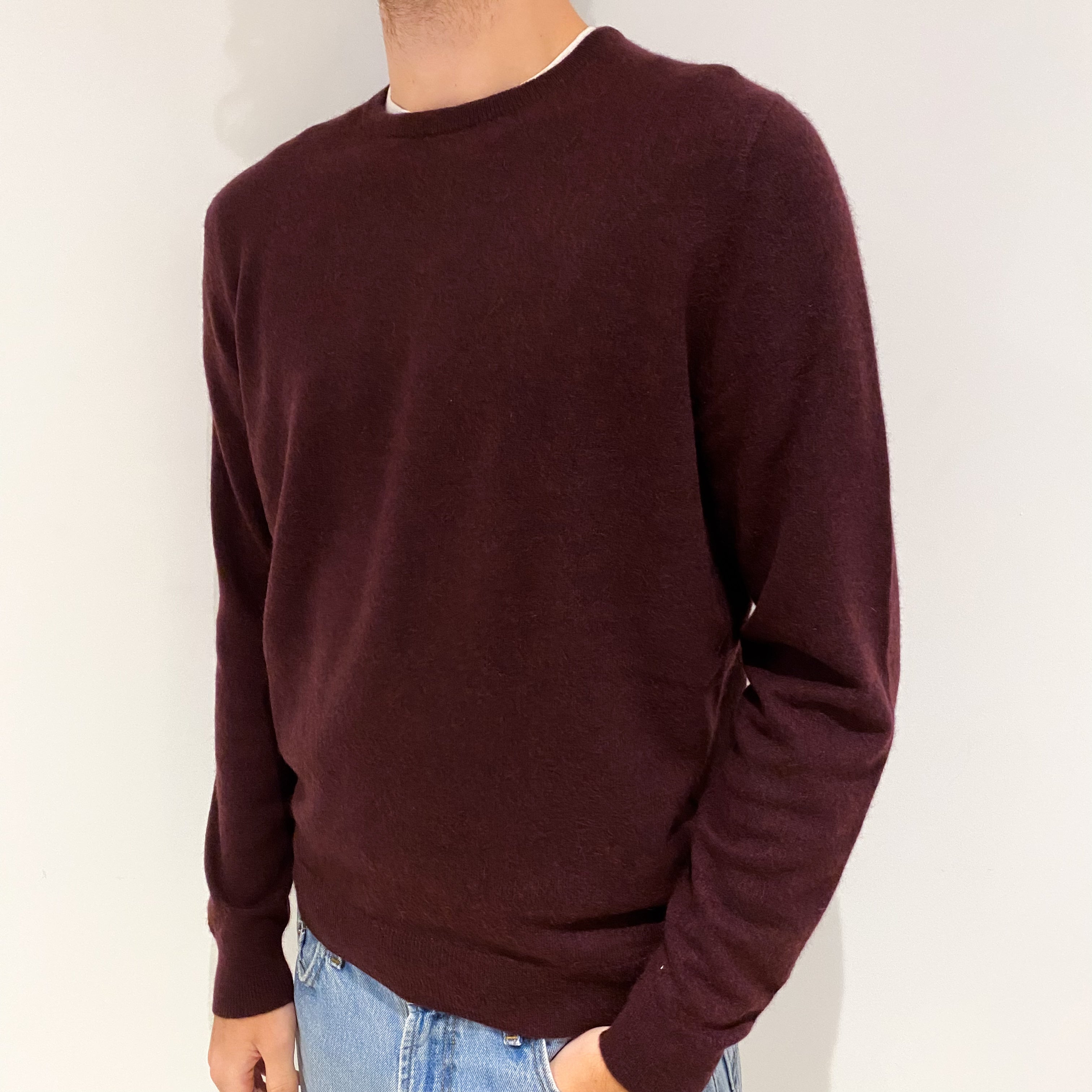 Men's Burgundy Purple Cashmere Crew Neck Jumper Large